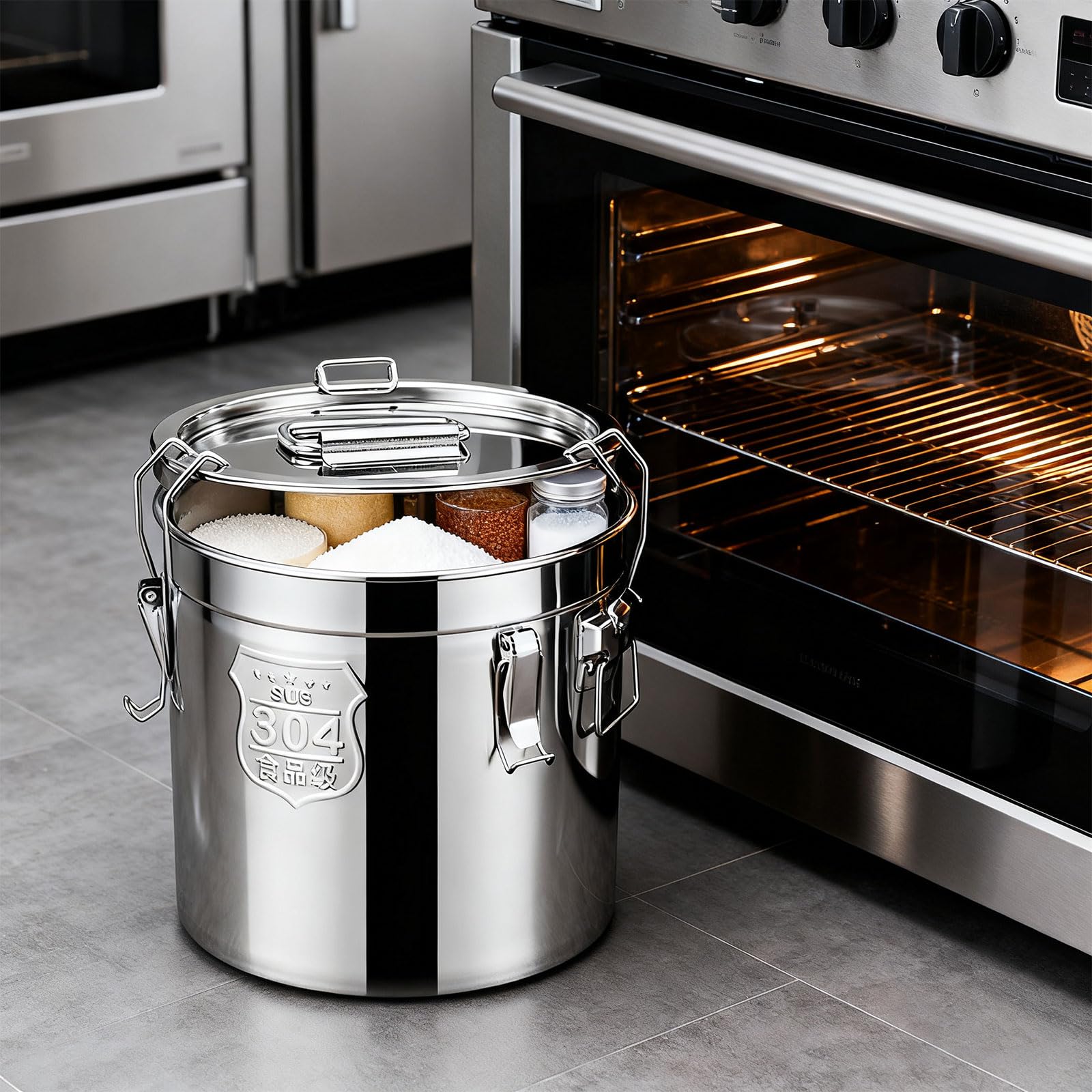 Pratico secchio da cucina sigillato in acciaio antiruggine con coperchio rimovibile facile da pulire contenitore per conservare alimenti per caffè, farina di riso