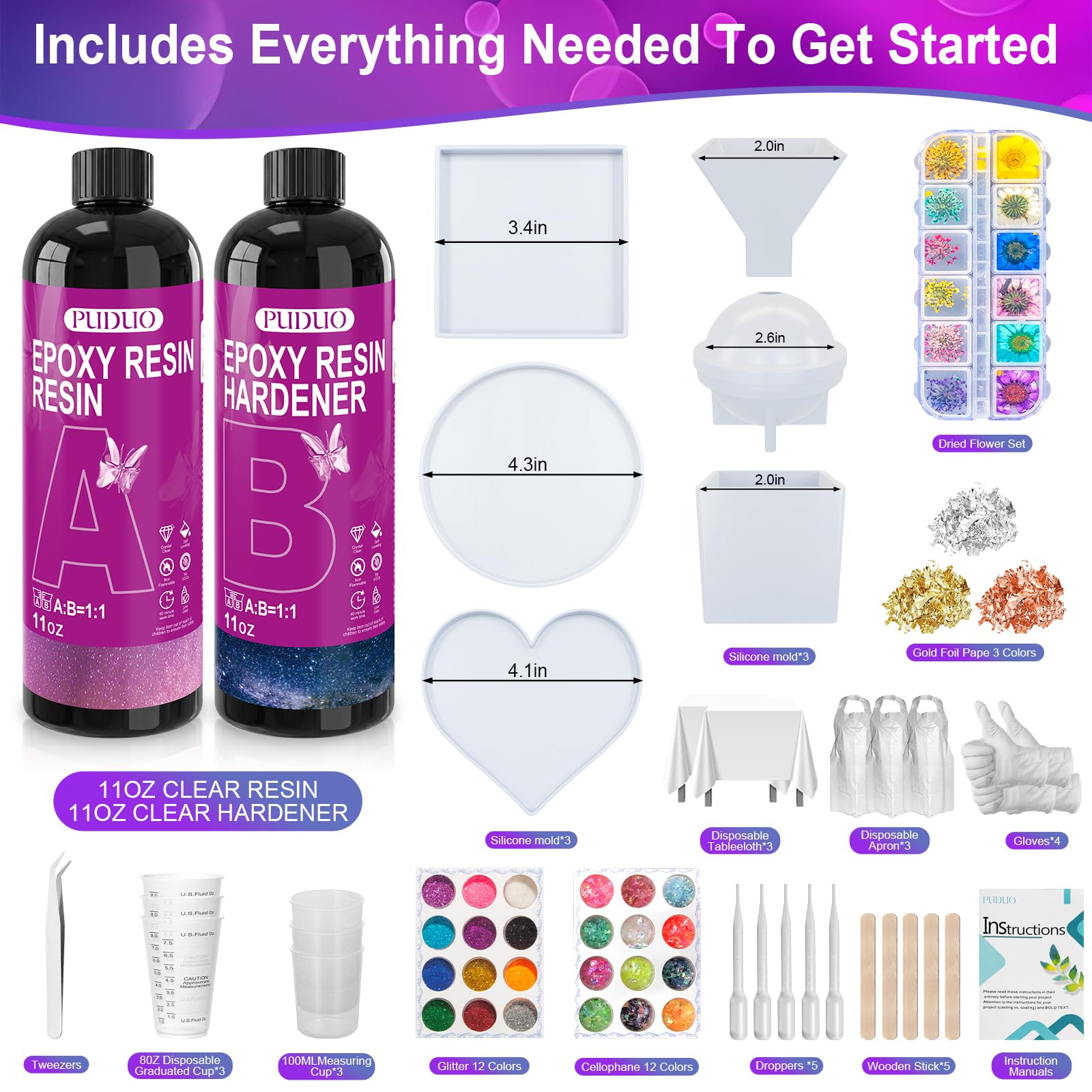 Puduo Kit de resina epoxi para principiantes de 22 onzas, kit de resina con moldes, kit de resina epoxi con flores secas, tazas medidoras y suministros de resinas, relación fácil de mezclar 1:1