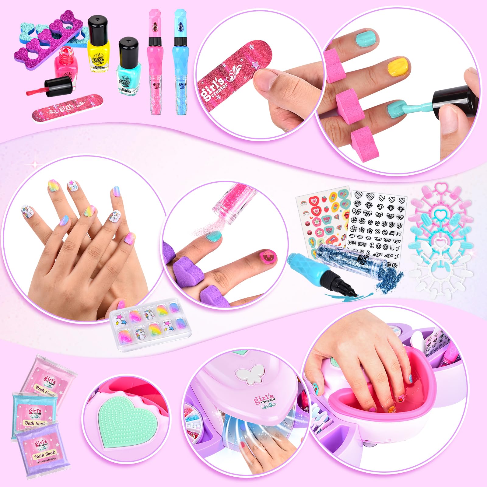 Herenear Set Manicura Niñas, Esmalte de Uñas Secador de Uñas, Juguetes Kit Uñas Niñas, Pegatinas de Uñas Juego Cumpleaños Regalo para Niños Niñas 5 6 7 8 9 10 11 12 Años