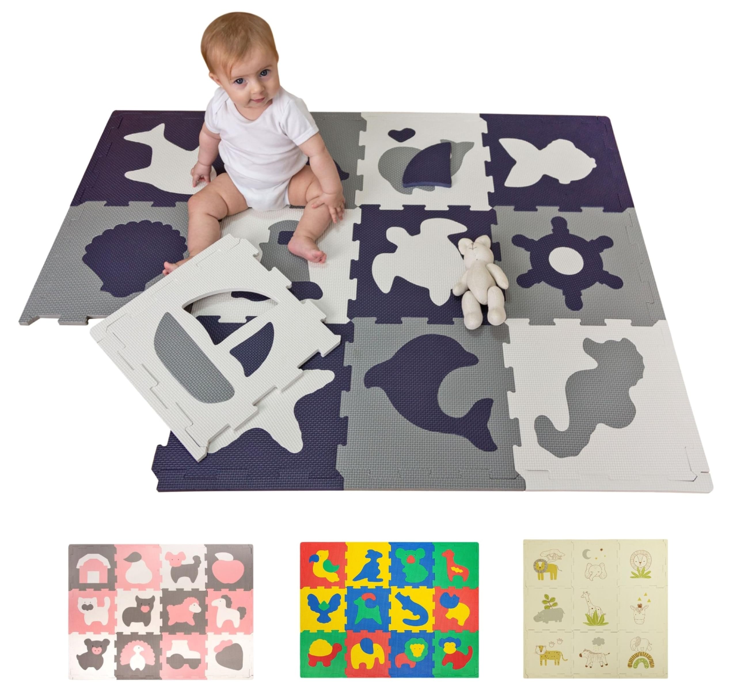 Stylische Puzzlematte Baby Meereswelt – 12 Platten (30x30 cm), Gesamtgröße 1,2 m x 0,9 m, 1,2 cm Dicke EVA-Schaumstoff