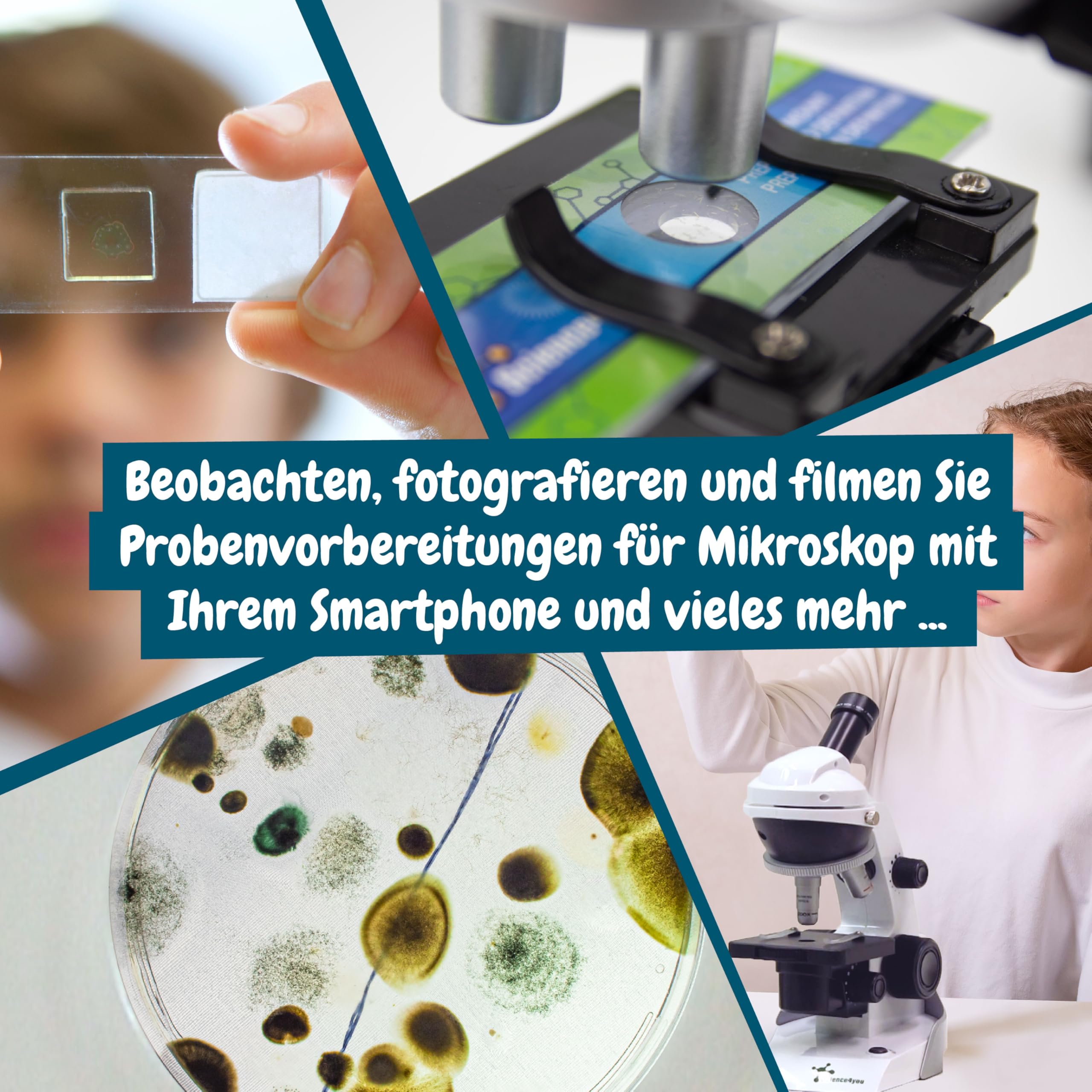 Science4you Mikroskop fur Kinder ab +8 Jahre - Chemiebaukasten mit Objettrager und Smartphone Mikroskop, Forscherset mit 15 Experimente, Schulerlabor und Lehrspiel fur Kinder 8-14 Jahre