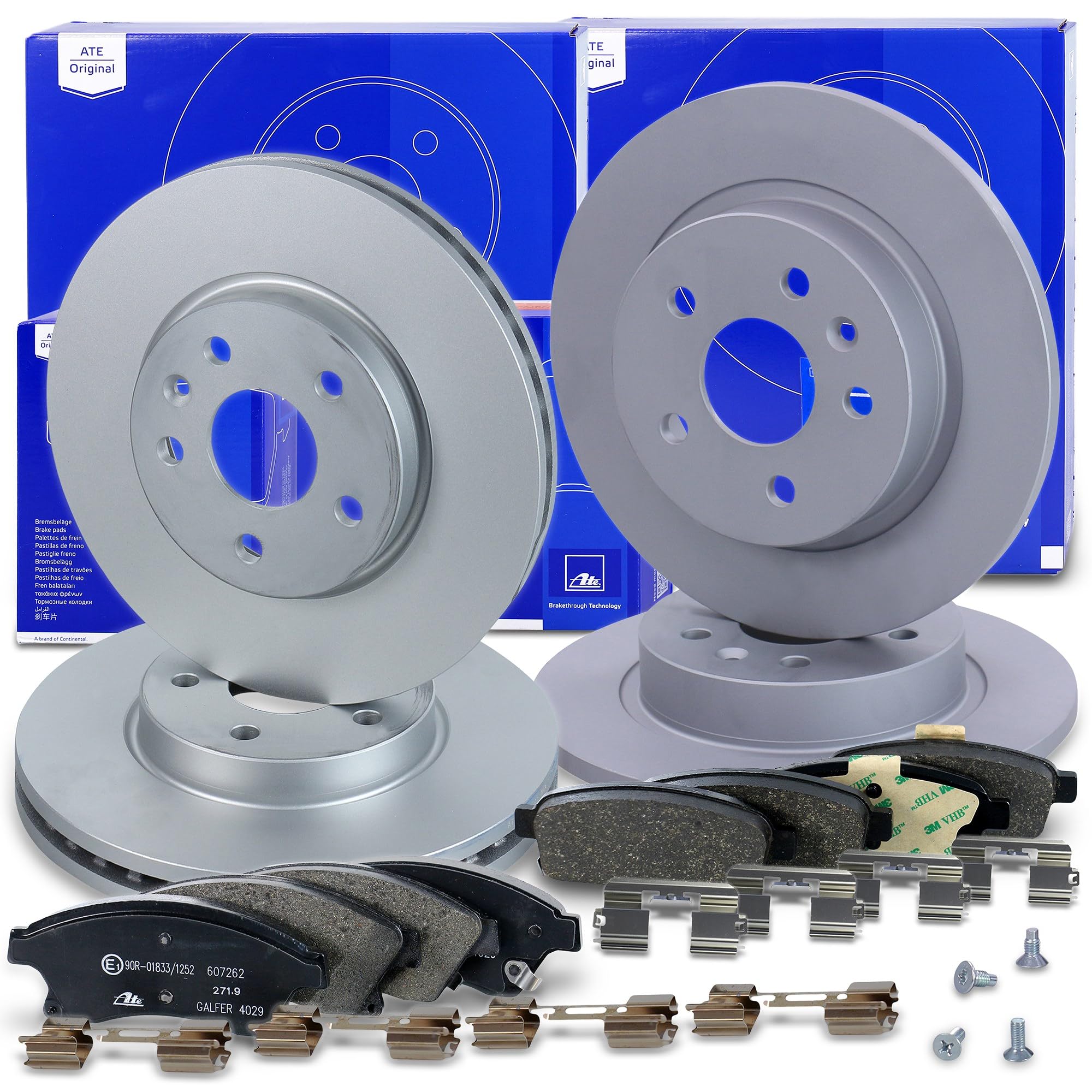 ATE Set di freni + dischi freno anteriori ¯ 276 mm ventilati + posteriori ¯ 268 mm pieni e pastiglie freno anteriori + posteriori Compatibile con CHEVROLET AVEO (T300), CRUZE, OPEL ASTRA J