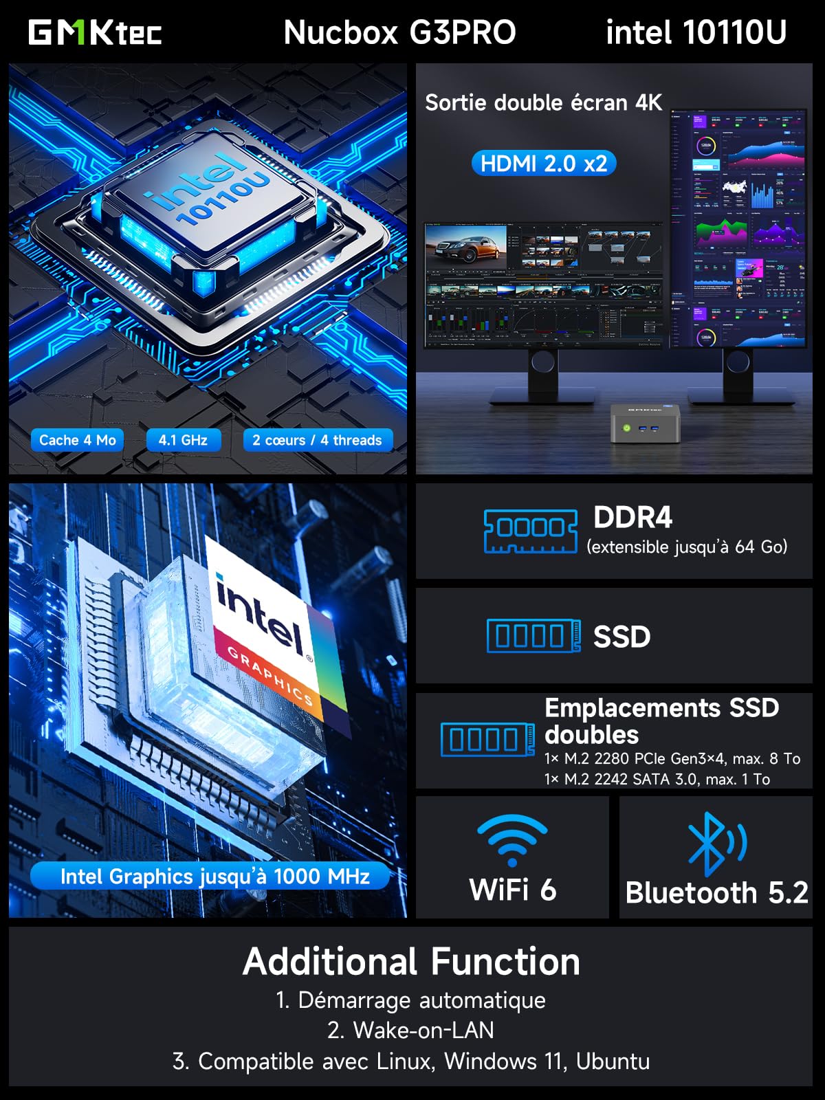 GMKtec Mini PC G3 Pro Intel Core i3-10110U 16 Go RAM DDR4 SSD PCIe 256 Go 2*HDMI 4K USB 3.2 WiFi 6 BT 5.2 2.5GbE LAN