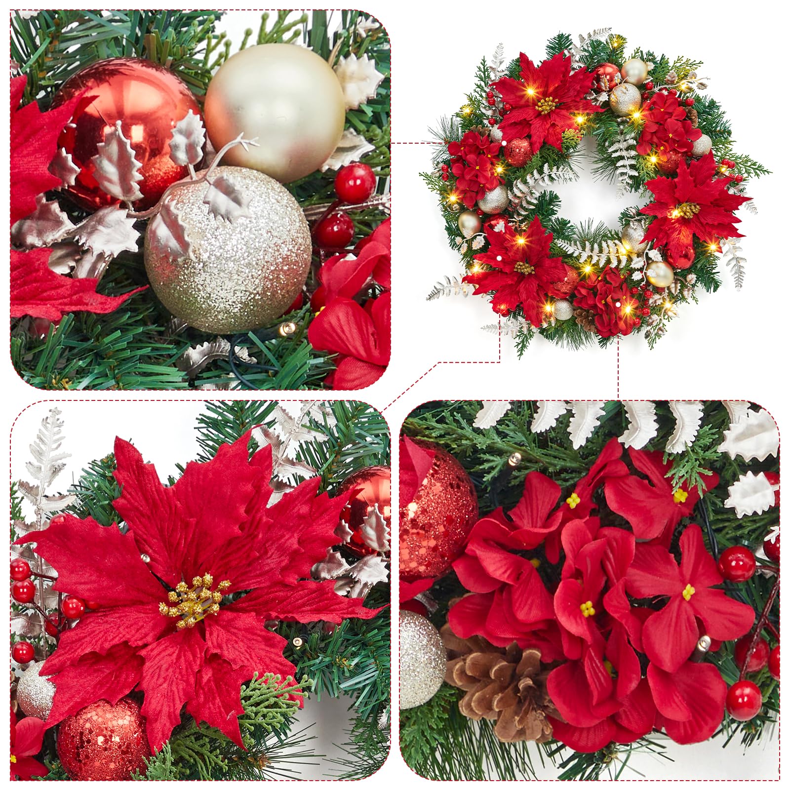 Corona de Navidad preiluminada para puerta delantera, corona de Navidad grande de 24 pulgadas para decoración navideña, corona iluminada de Navidad a pilas con flor, adornos de bola y 20