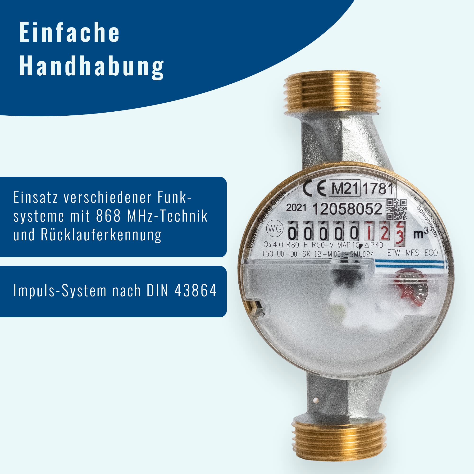 Wasserzähler für Kaltwasser, Wasseruhr 1/2 Zoll, Hauswasserzähler Aufputz 110 mm, geeicht & MID zugelassen 2023