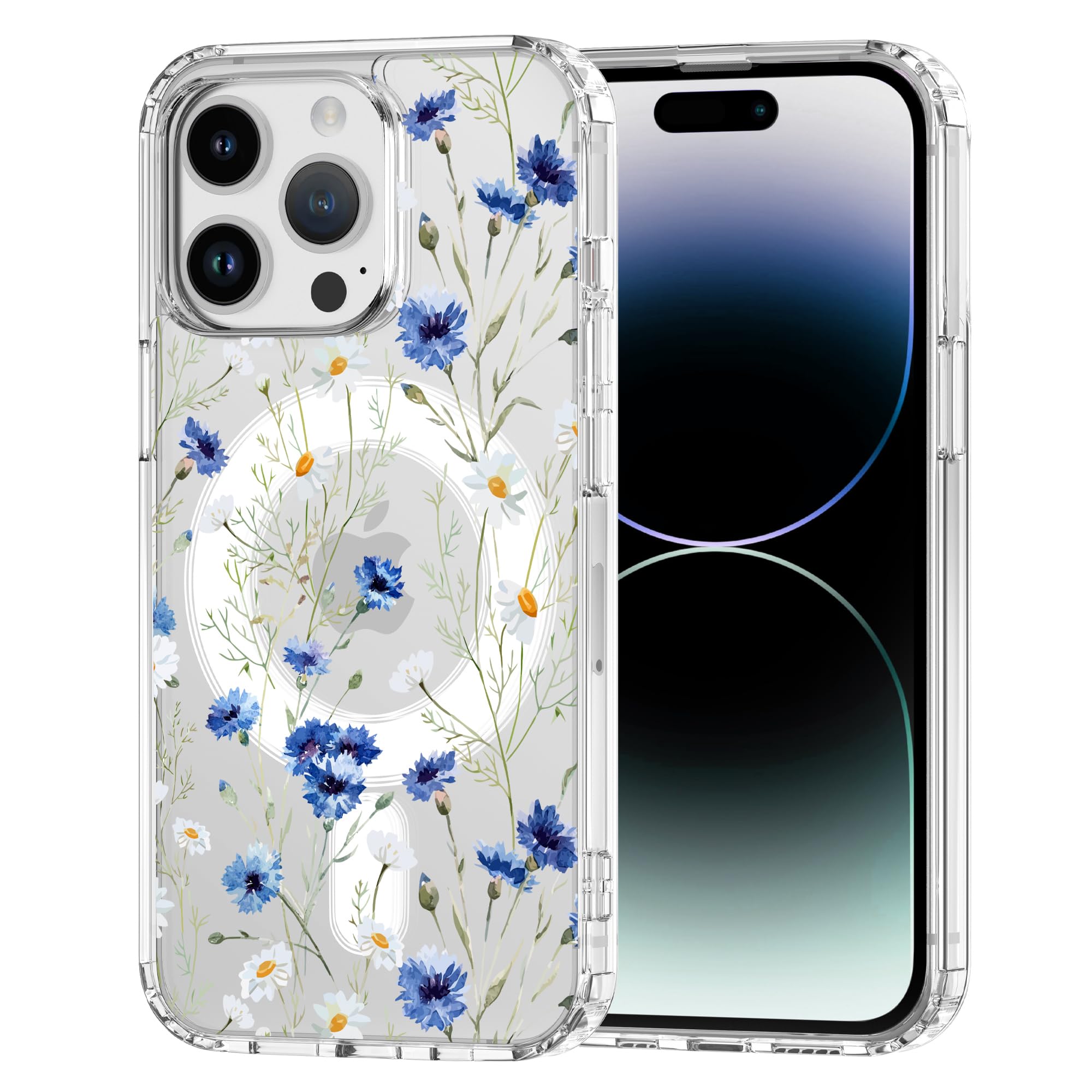 Idocolors for iPhone 15 Case, Compatible with MagSafe, Cute Blue Flower Daisy Magnetic Phone Case, Crystal Clear Slim Fit Soft Transparent Shockproof