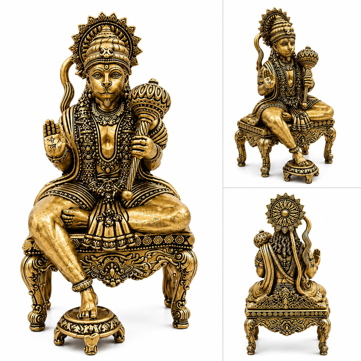 100% Pure Brass Hanuman Ji Idol Sitting on Royal Throne | Antique Finish | 5.2" H | 310 g | Pooja, Home Decor & Gift-image-42