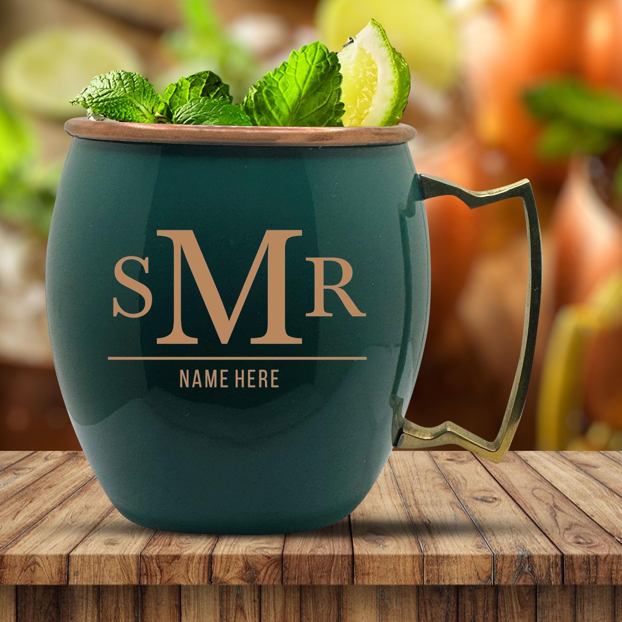 Custom Copper Moscow Mule with Smooth Painted Finish - Engraved Bar Style 100% Copper Cup with Personalized Typography 1 Monogram Themed Engraving, Brass Handle | 18 oz, Green | Set of 2