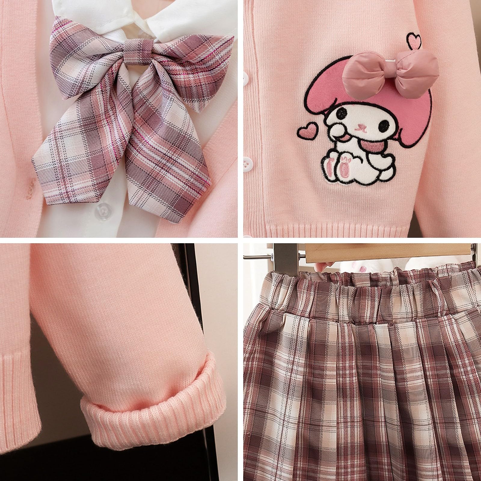 Kuro-mi My Me-lody JK Girls Uniform Set V-Neck Mesh Cardigan Plisowana spódnica w kratę Koszula + Muszka