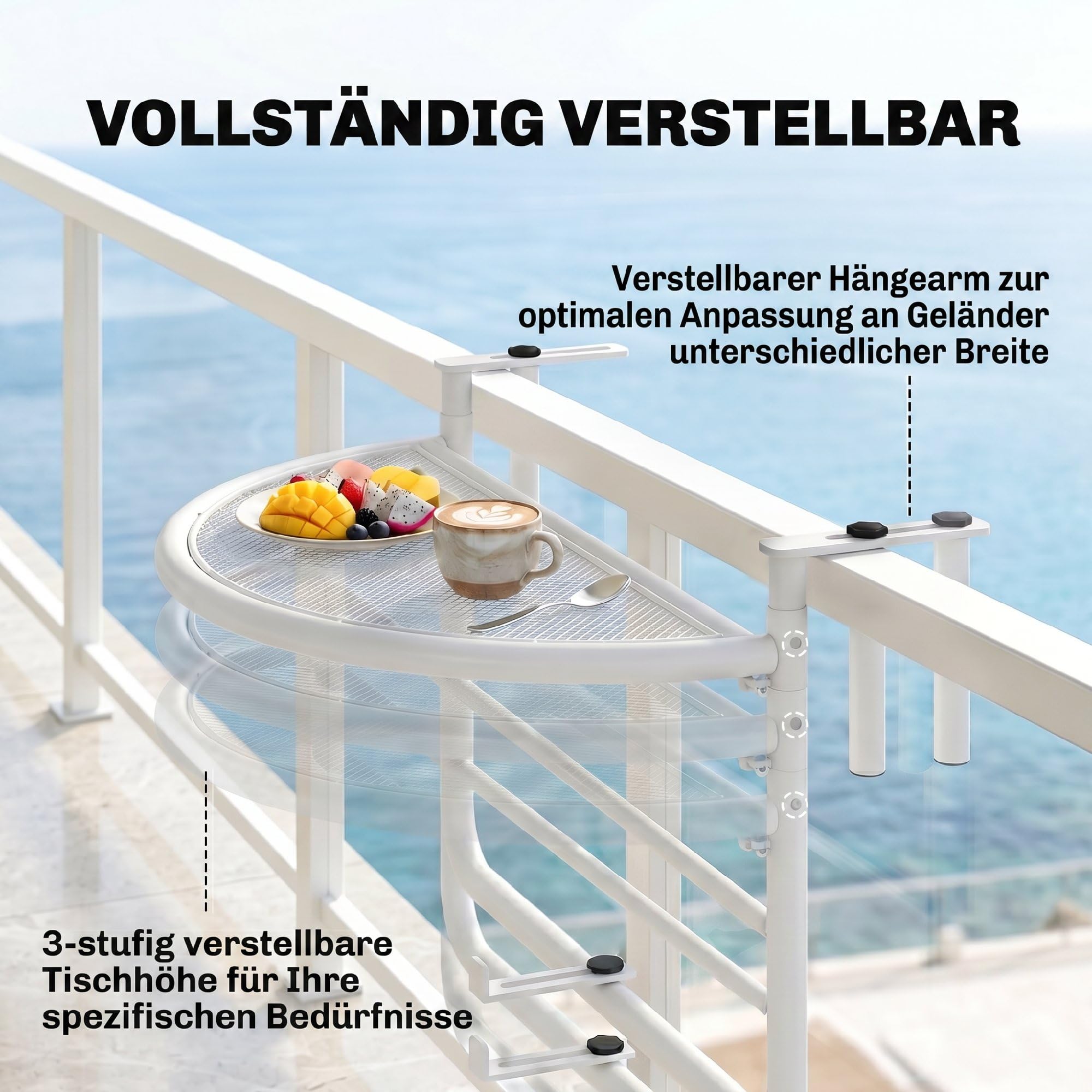 Outsunny Table Suspendue pour Balcon - Table de Jardin - Hauteur réglable - Semi-Ronde - Diamètre : 30 cm - Métal - Blanc - L 60 x l 45 x H 50 cm