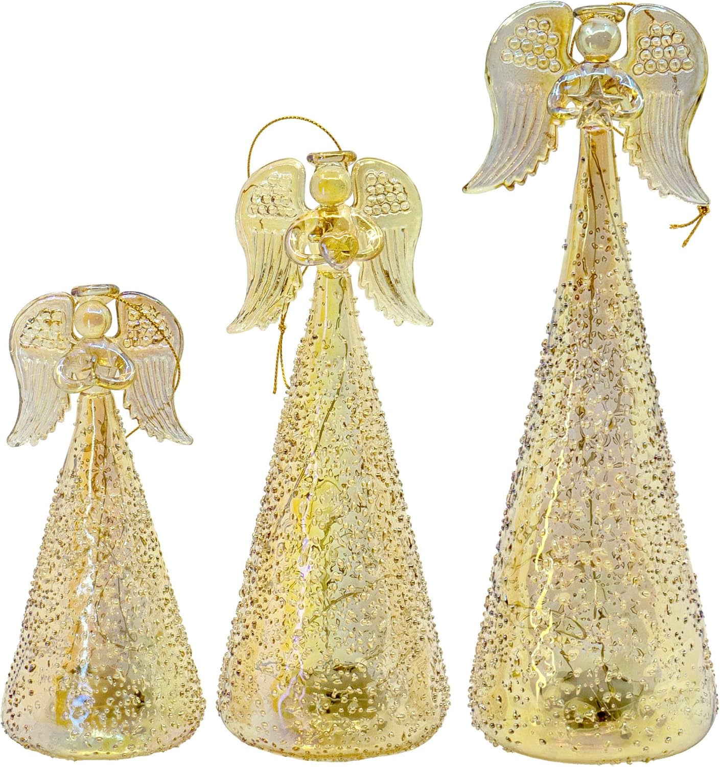 Red Co. 9.5", 8", and 6.5" Glass Christmas Holy Angel Figurine Ornaments, Iridescent Light-Up Holiday Season Decor, Set of 3 Sizes