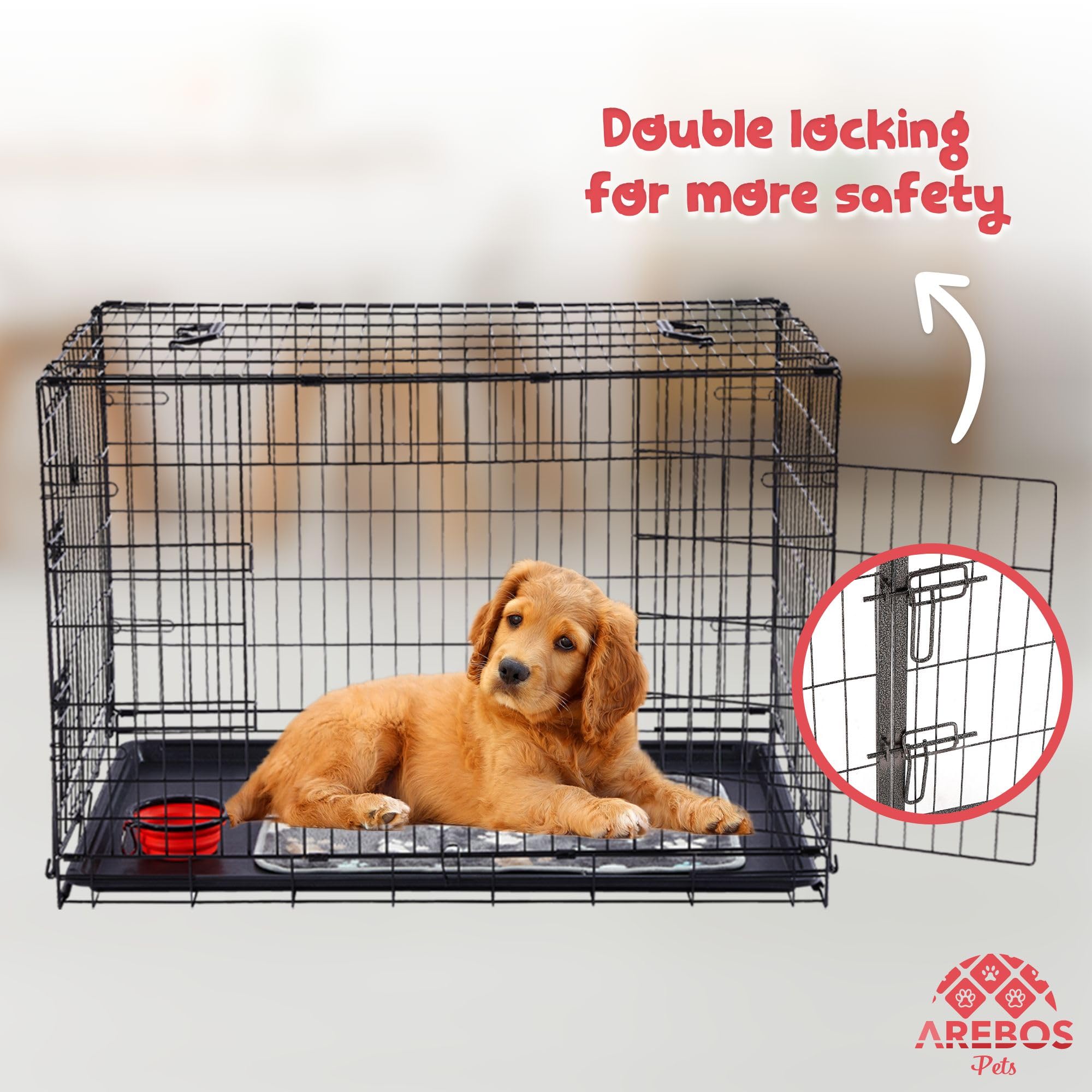Arebos Jaula para Perros 92,5 x 60 x 66 cm | Jaula de Transporte para Perros Plegable para Coche | Jaula de Transporte para Perros con 2 Puertas | Jaula para Perros para el hogar | L Negro
