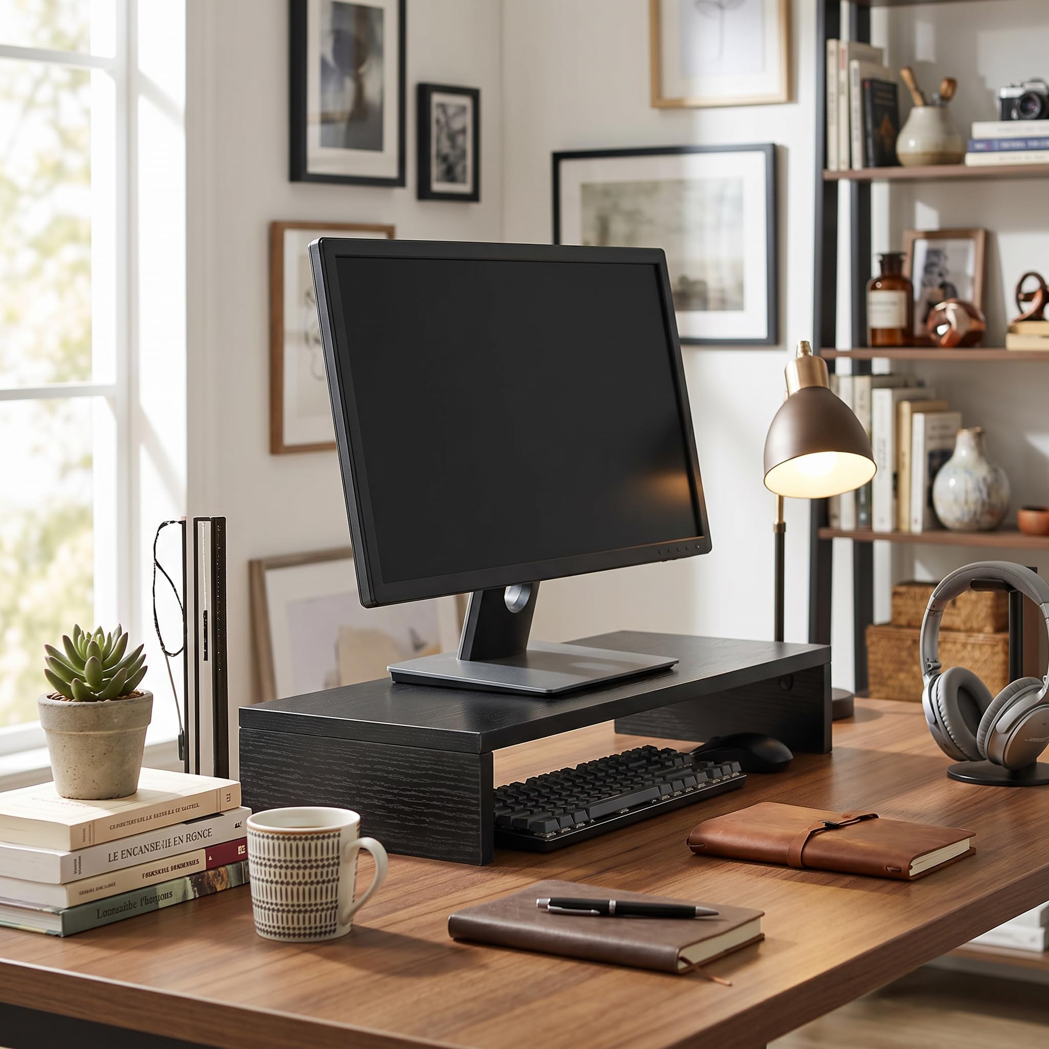 Rehausseur d'Écran en Bois Noir 50,04x20,07x6,10 cm (19,7x7,9x2,4 Pouces), Socle Ergonomique Support Moniteur Bureau, Organisateur de Rangement pour Écran PC, Ordinateur Portable, Téléviseur