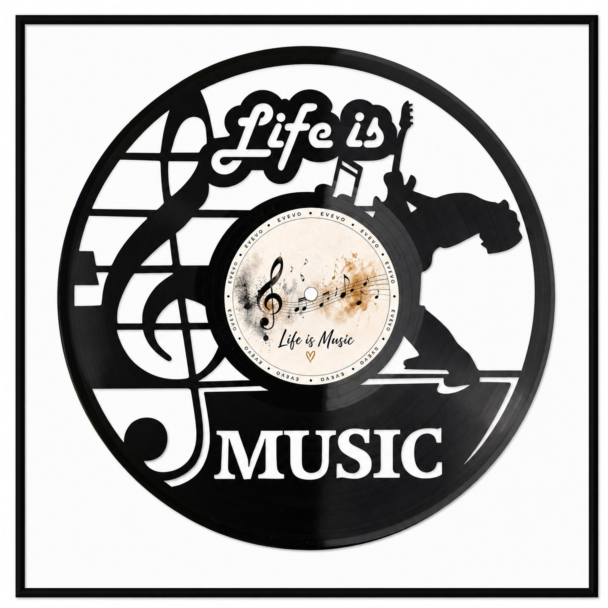 EVEVO Decorazione da parete in vinile con cornice, 32 x 32 cm, Life is Music, decorazione da parete in vinile, regalo per musicisti, amanti della musica e audiofili