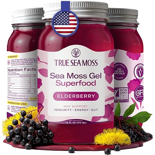 TrueSeaMoss Sea Moss Gel – Made in USA – Wildcrafted Seamoss, Fresh Fruits & Sea Vegetables – Elderberry, Pack of 1 (Labels may Vary)
