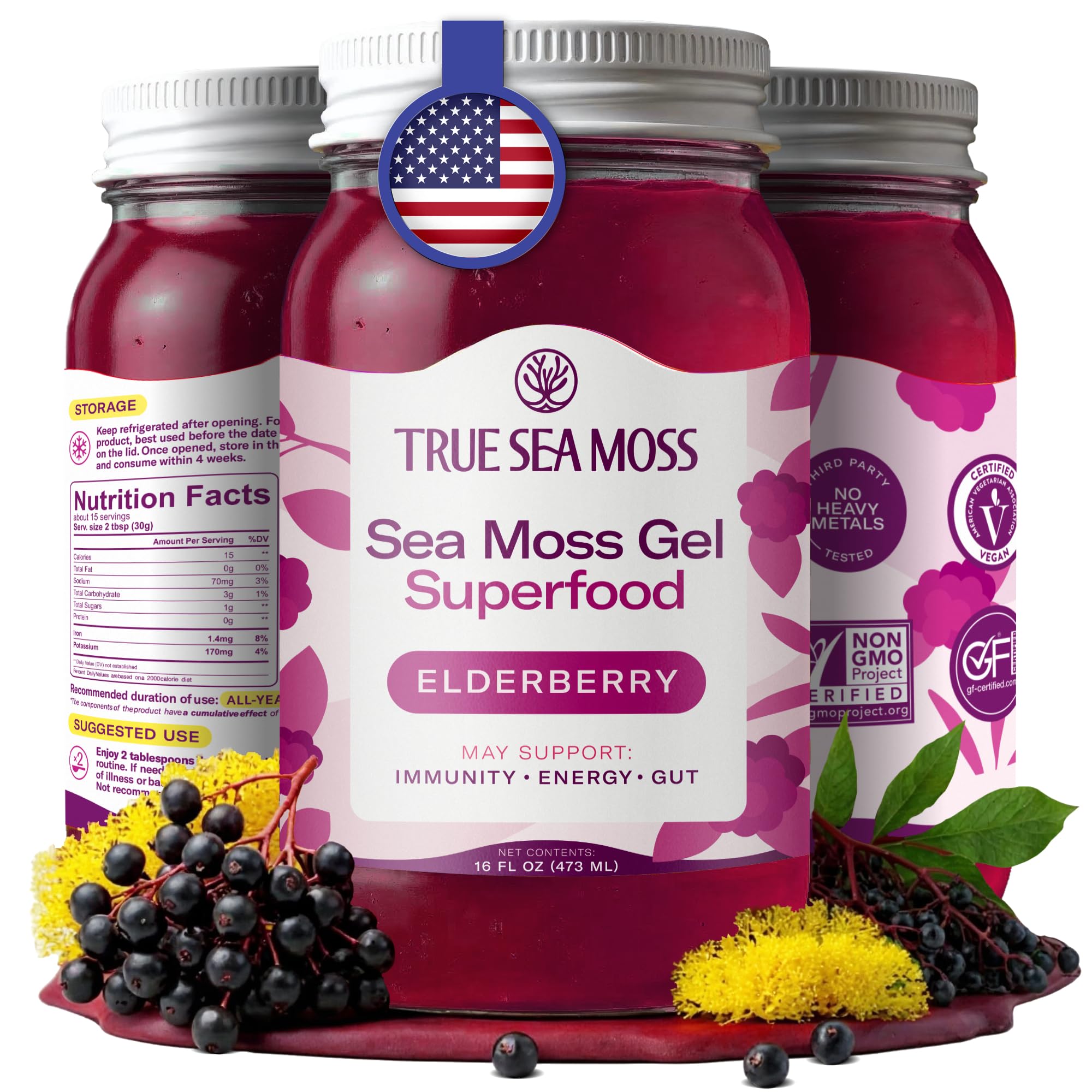 TrueSeaMoss Sea Moss Gel – Made in USA – Wildcrafted Seamoss, Fresh Fruits & Vegetables – Elderberry, Pack of 1 (Labels may Vary)