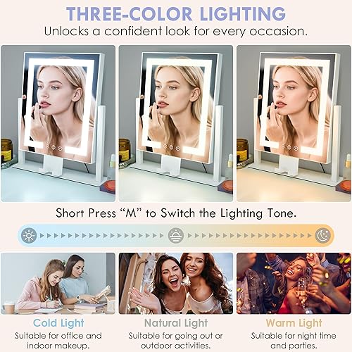 Miniatura 2 de Espejo de maquillaje con luces, espejo de tocador con luces, espejo de mesa con aumento desmontable de 15X, 3 modos de color y control táctil