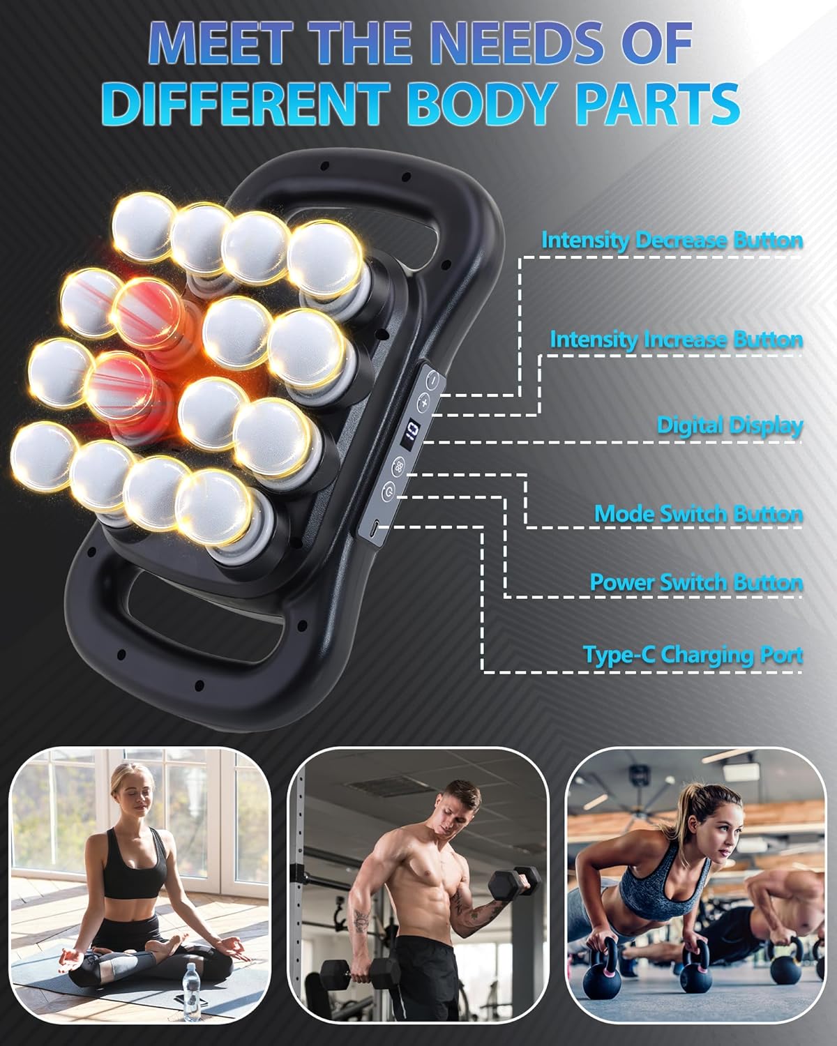 16-Head Massage Gun, Deep Tissue Percussion Massager with 9 Modes & 9 Intensities, 2600mAh Battery Back Bassager for Pain Relief Deep Tissue for Muscle Pain Relief in Back, Legs, Shoulders - Image 3