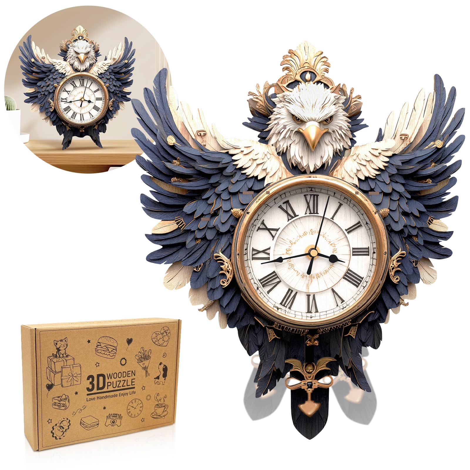 Puzzle 3D per adulti, con design a forma di aquila, orologio a pendolo meccanico fai da te con numeri romani, decorazione da scrivania, casa e ufficio, regalo personalizzato per gli amanti