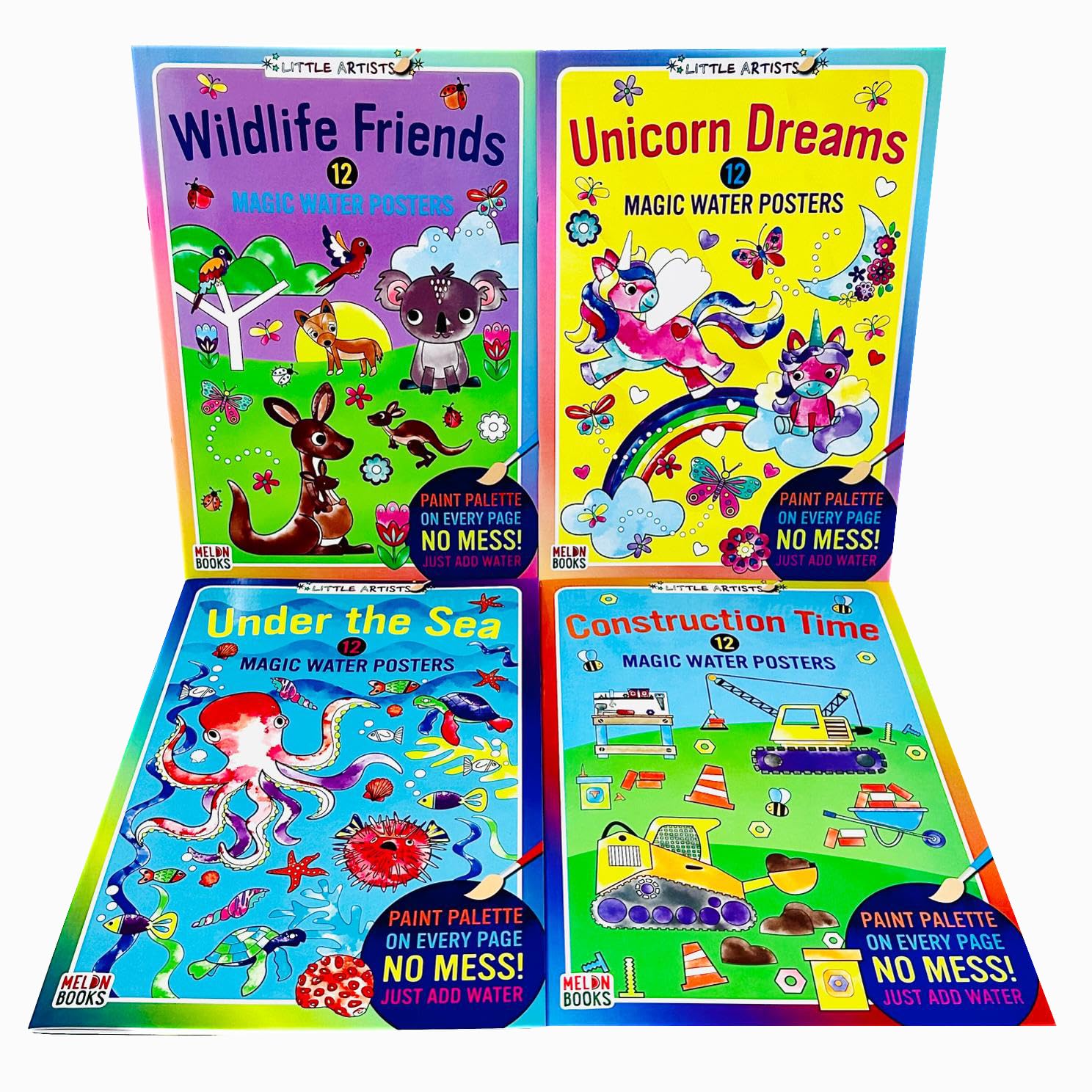 Little Artists Magic Water Posters Book 4 Books Collection Set (No Mess! Just Add Water) (Under the Sea, Construction Time, Wildlife Friends & Unicorn Dreams)