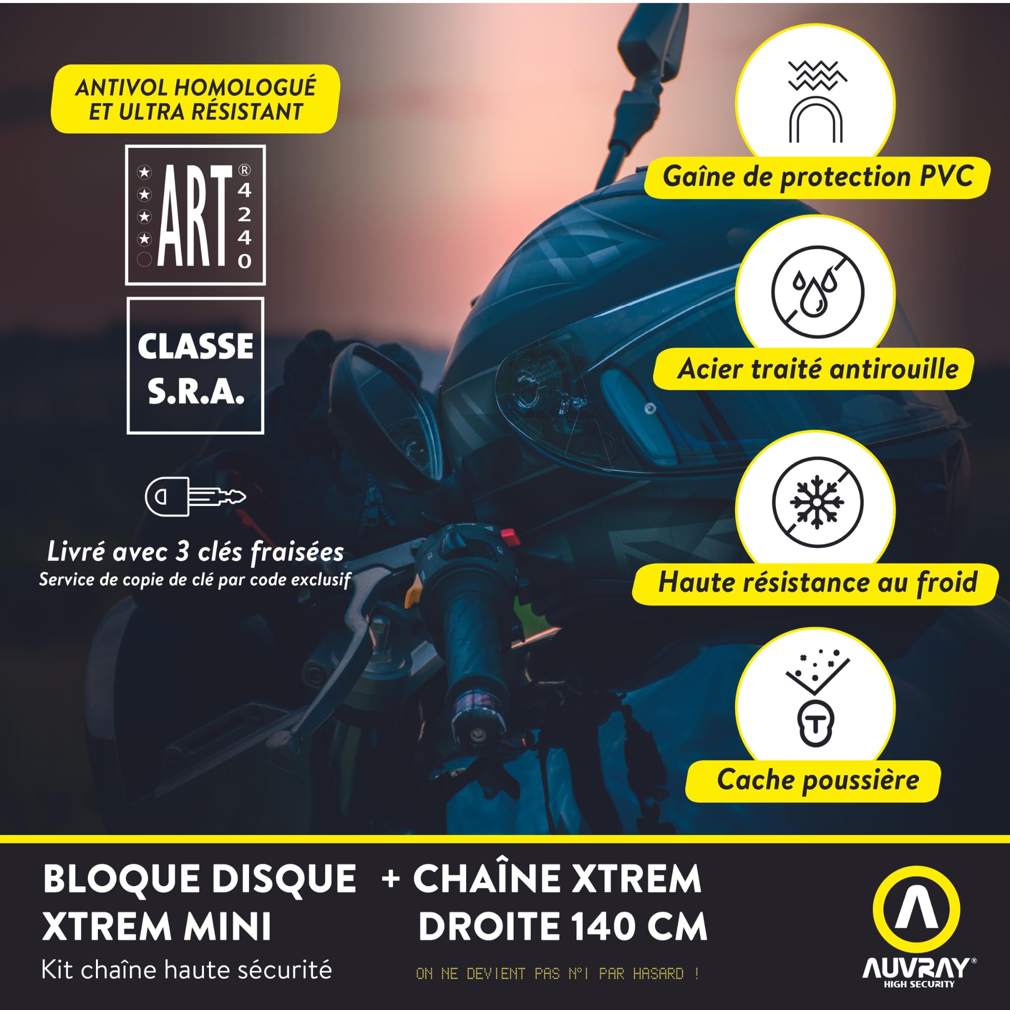 AUVRAY Chaîne et Bloque-Disque Moto U Xtrem DK-10 Homologué SRA – Goupille Acier Trempé 10 mm – Cylindre Haute Sécurité Anti-Crochetage – 3 Clés