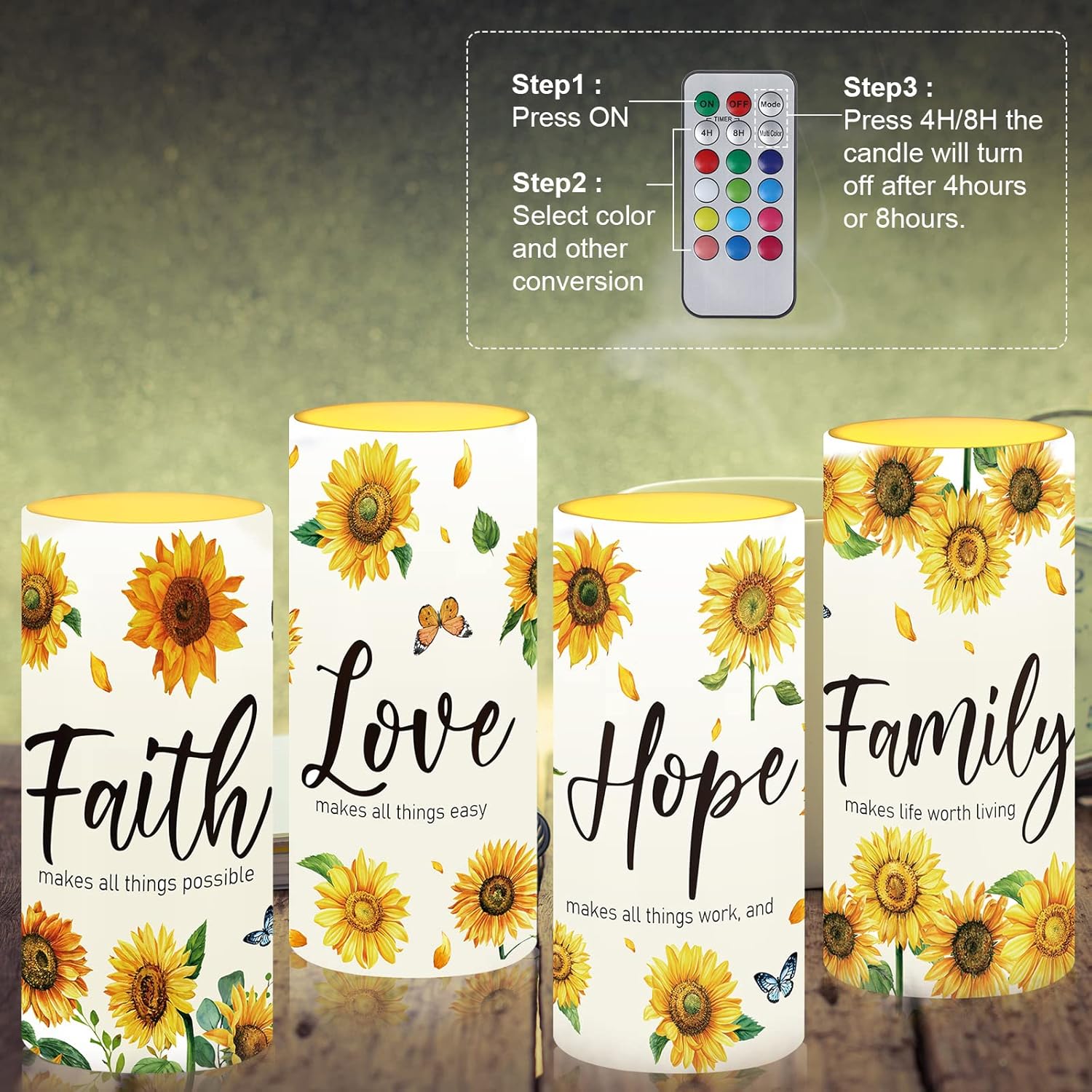 Tiamon Sunflower Flameless Candles LED Love Hope Faith Candles Battery Operated Yellow Floral Flickering with 18 Key Remote Timer Pillar for Summer Holiday Table Decorations