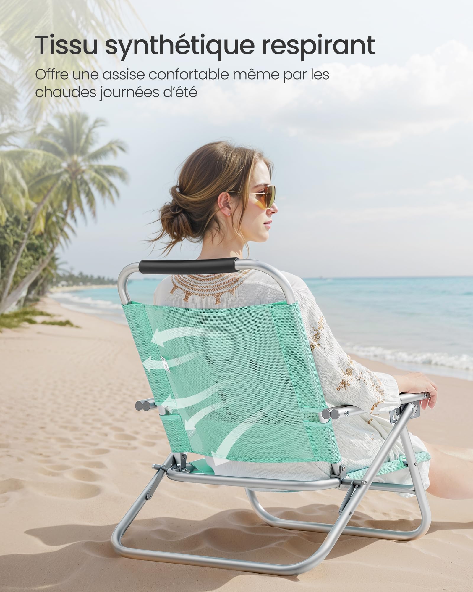 SONGMICS Chaise de Plage, Pliante, Portable, Dossier Réglable sur 4 Niveaux, avec Accoudoirs, Respirante et Confortable, Chaise d'Extérieur
