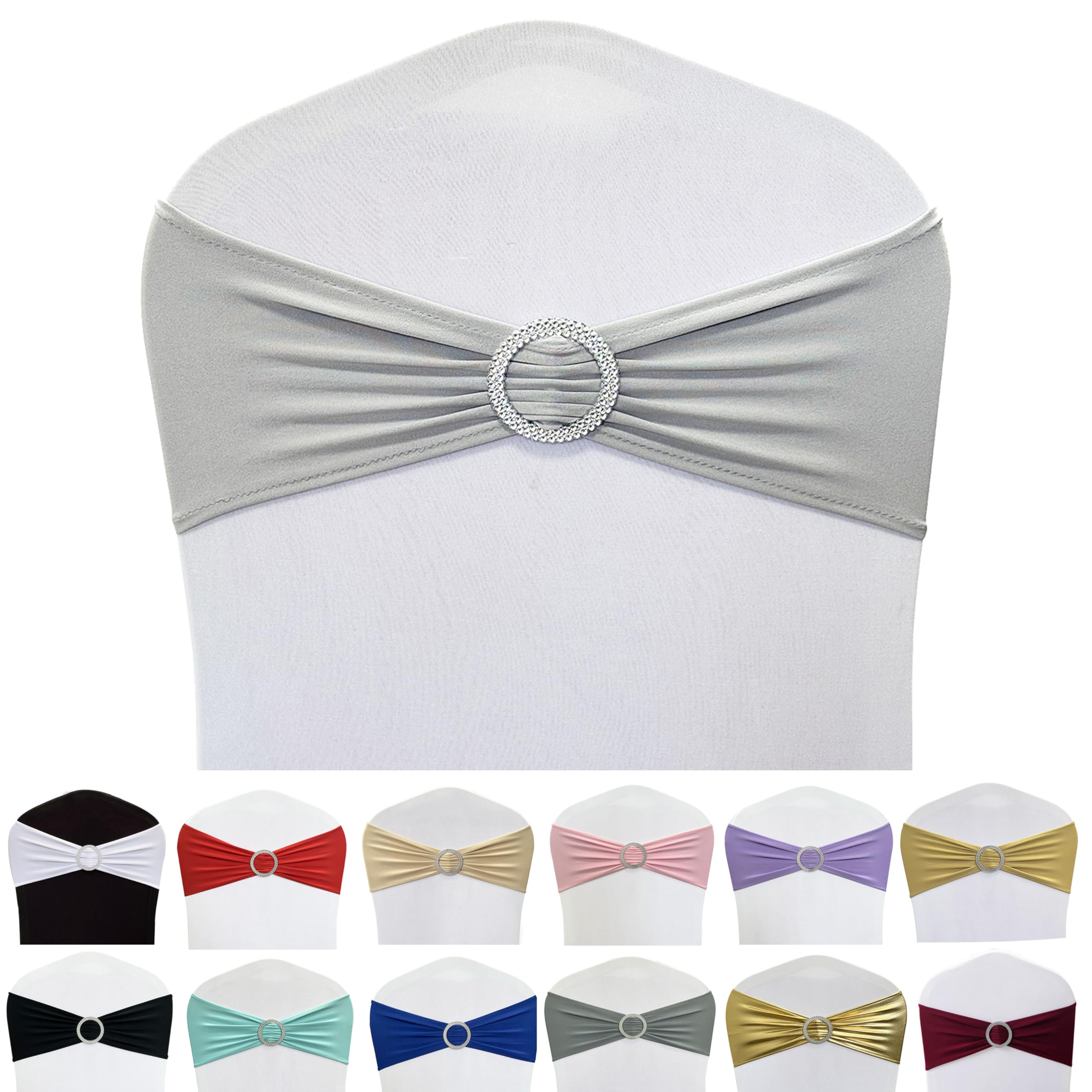 Spandex Chair Sashes Bands, Silver, 50PCS