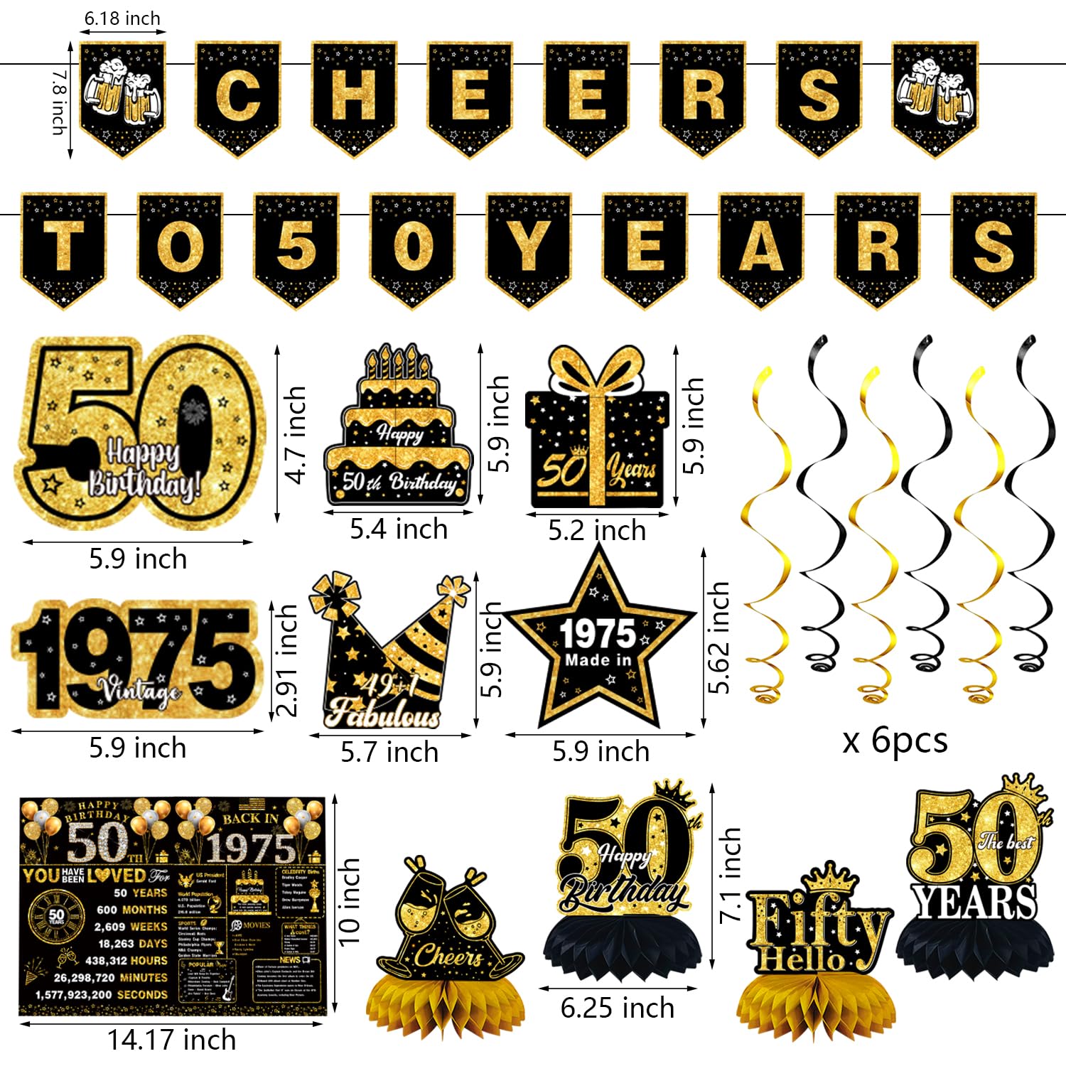 50th Birthday Decorations for Men Women, 22pcs Back in 1975 Banner Decorations,50 Number Balloons Large,50 th Birthday Backdrop, 1975 Guest Book, Honeycomb Centerpiece, Hanging Swirl, Paper Poms, Sash