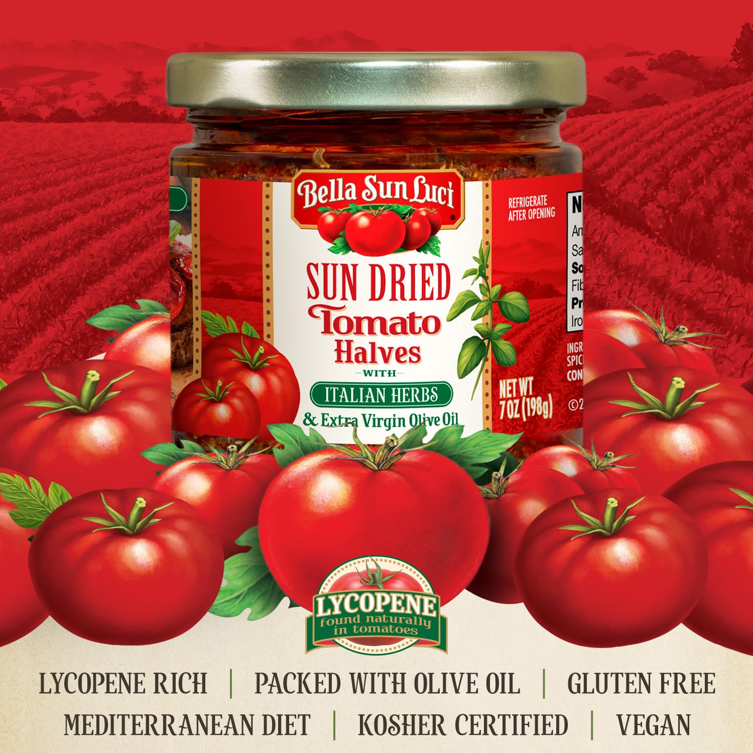 Bella Sun Luci Sun Dried Tomatoes Halves with Italian Herbs and Extra Virgin Olive Oil, Mediterranean Italian Style Sun-Ripened Tomatoes, Kosher, Vegan, Gluten-Free, Premium Ingredient for Pasta, Pizza & Salads