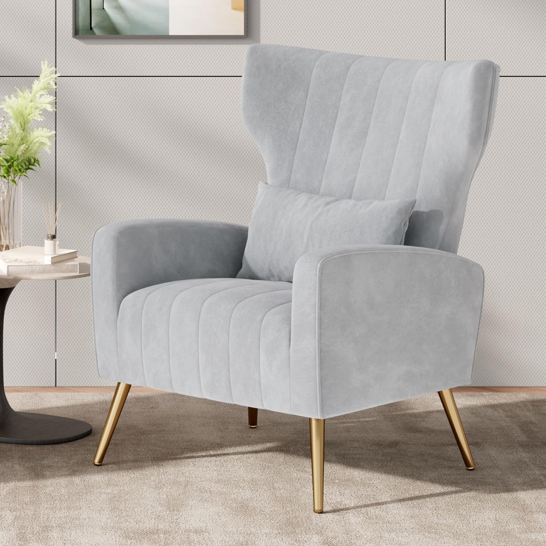 Nalupatio Modern Accent Chairs for Living Room Chairs Upholstered Velvet Fabric Reading Chair Mid Century Arm Chair Comfy Armchair,Light Gray