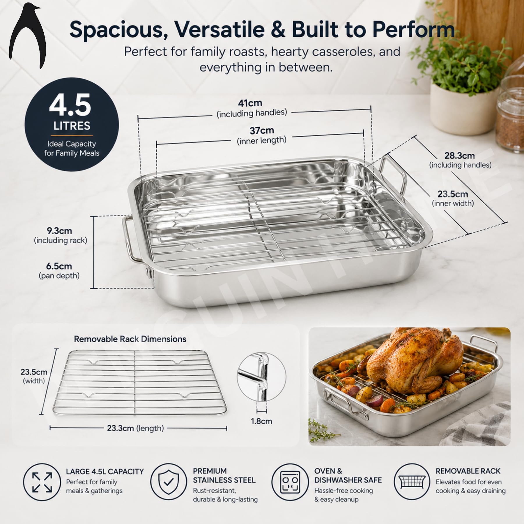 Penguin Home Premium Bräter aus Edelstahl mit Rost - Kompatibel mit allen Herdarten außer Induktion - Stabil und strapazierfähig - Abnehmbarer Grill, Bräter mit Griffen - Groß 37 x 28 cm…