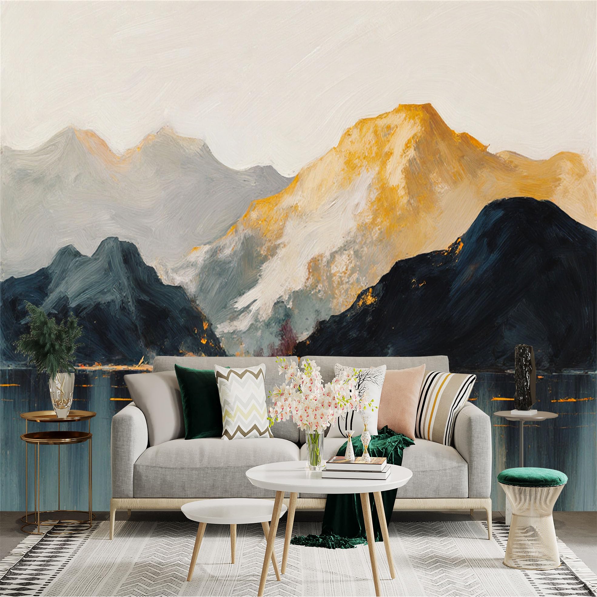 Custom Size Wall Sticker Mural， Abstract Mountain Landscape with Golden Peaks and Lake Reflection， for wall Decoration， peelandstick wall Decals.