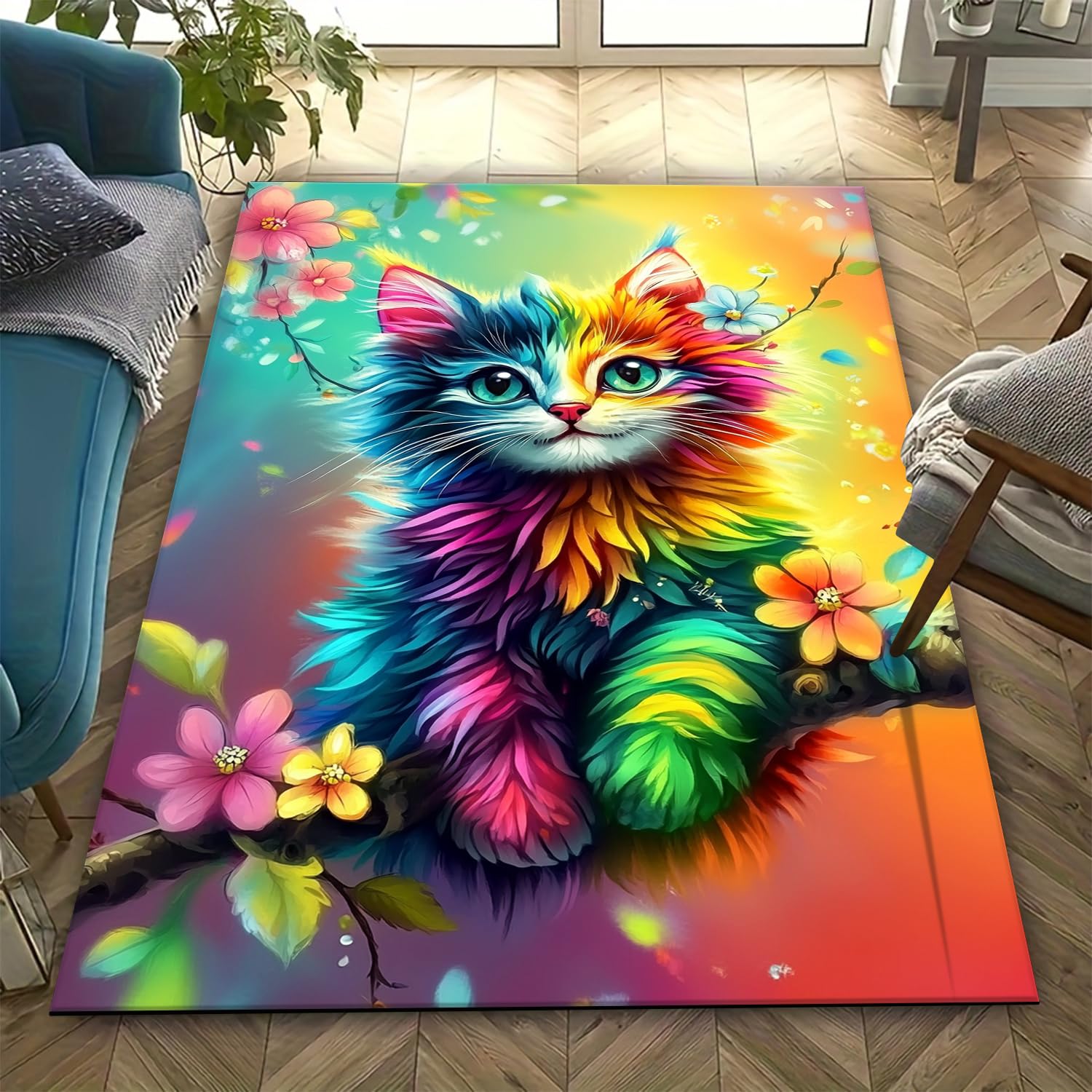 Tapis de salon chat 3D 160x230 cm antidérapant et doux pour chambre