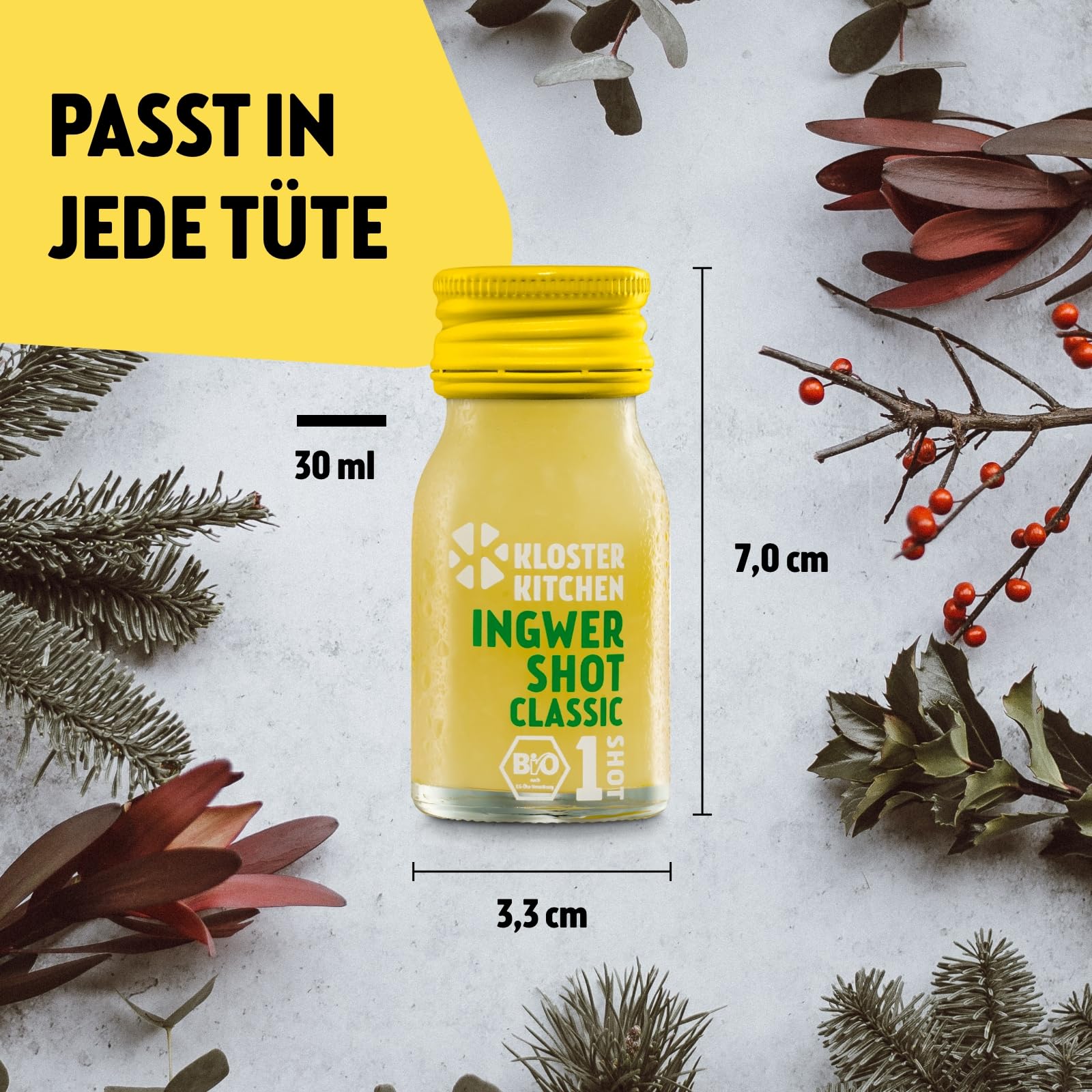 Kloster Kitchen Mezcla de jengibre orgánico 14 botellas 30 ml con trozos de jengibre vidrio vegano