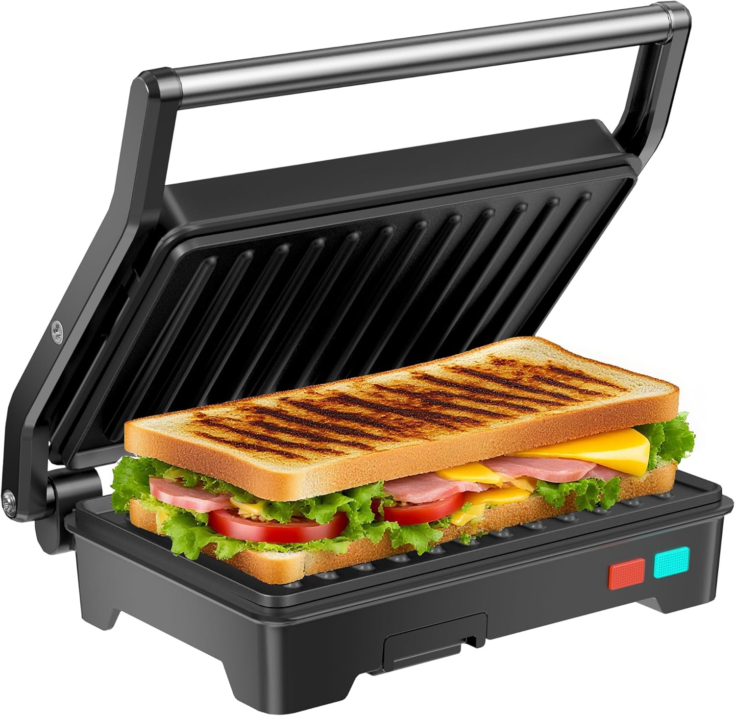Panini Press Grill, 1000 W voileipäkone, jossa ei-tikkupäällysteiset lautaset, avautuu 180 astetta kaikenkokoisille ruoille, 3-in-1 Sandwich Press -sähkögrilli, ruostumattomasta teräksestä valmistettu pinta ja irrotettava tippatarjotin