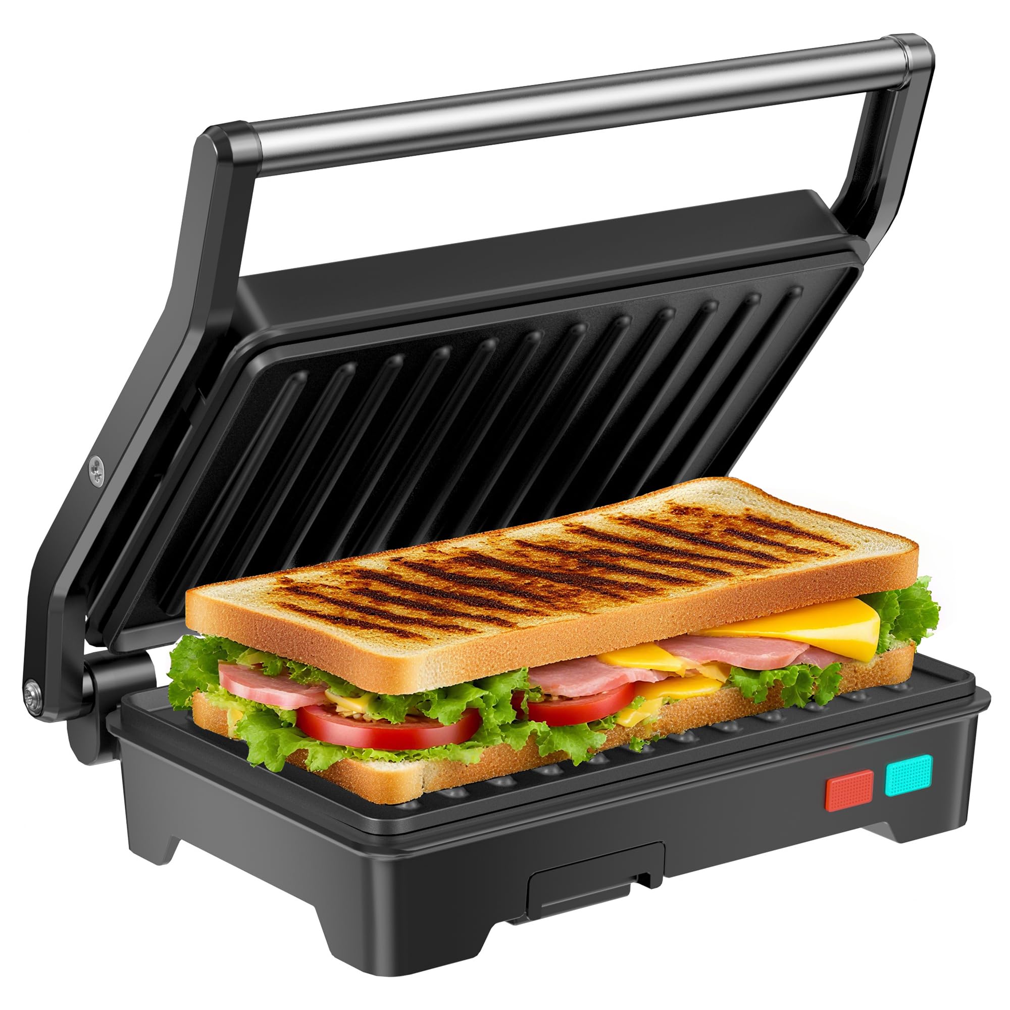 Panini Press Grill, 1000W Sandwich Maker with Non-Stick Coated Plates, Opens 180 Degrees for Any Size of Food, 3-in-1 Sandwich Press Electric Grill, Stainless Steel Surface and Removable Drip Tray