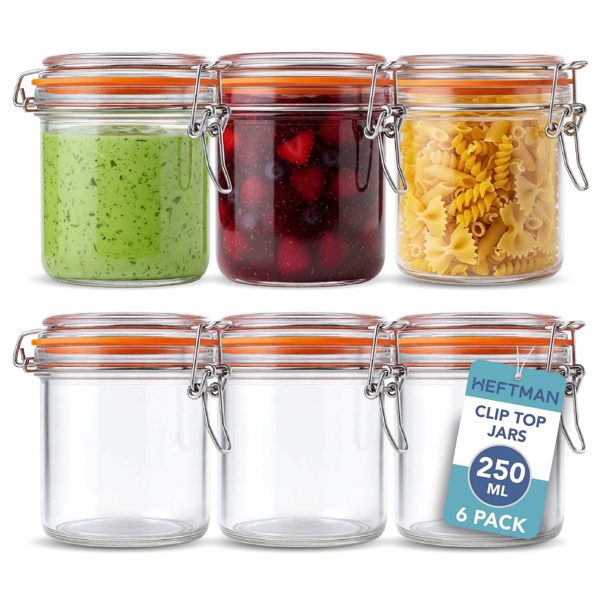 HEFTMAN Clip Top Glass Jars Set of 6, 250ml - Airtight Glass Jars with Lids
