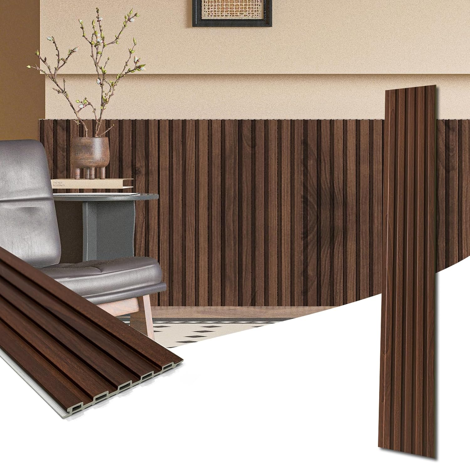 Art3d WPC Wainscoting Panels, 16-Pack 48 x 6 Inch 3D Wall Accents for Interior Wall Decor, Living Room, Bedroom, Walnut 48" * 6" Walnut 16