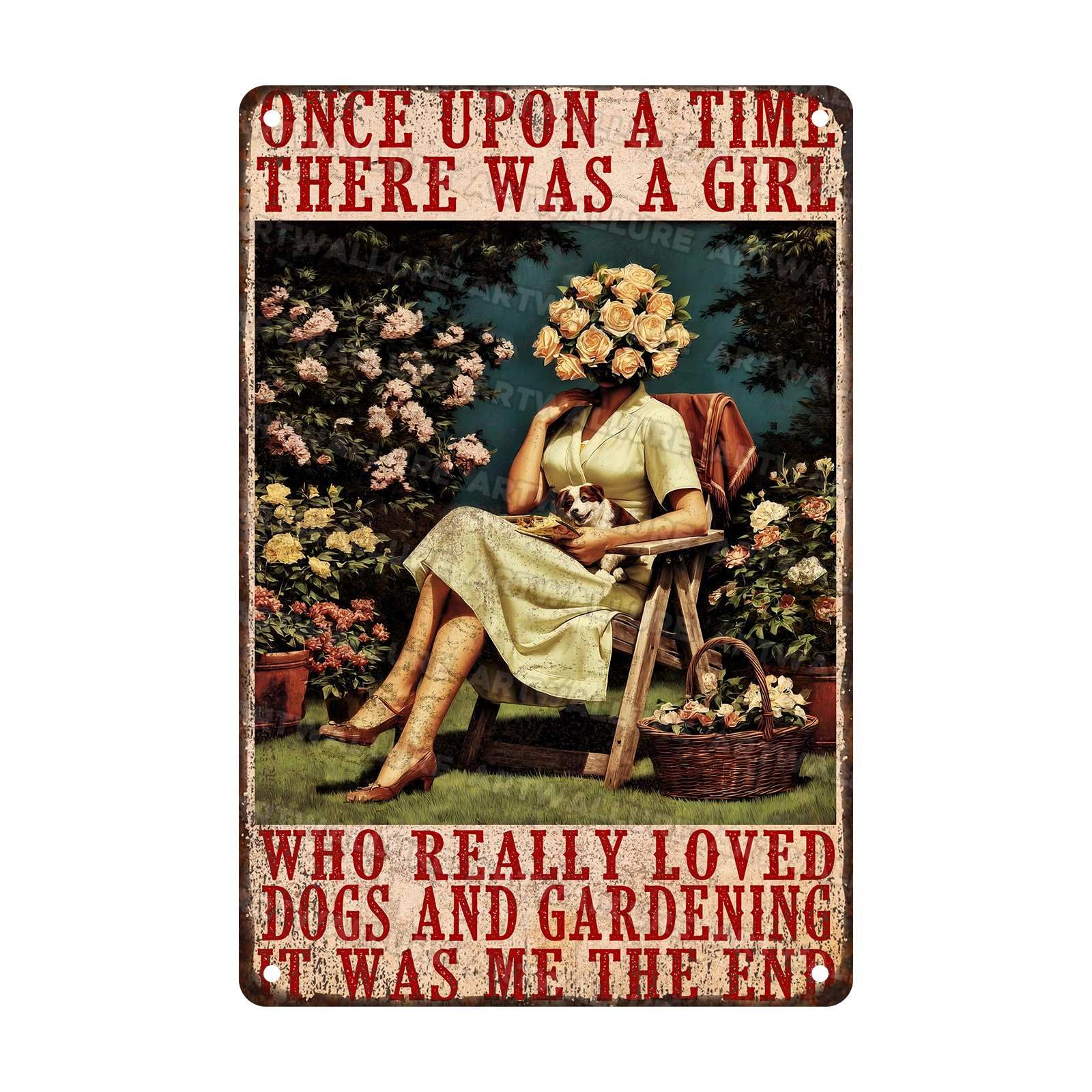 Vintage Garden Metal Tin Sign Retro Wall Art Once Upon A Time There Was A Girl Who Really Loved Dogs And Gardening for Women House Kitchen Entryway Wall Art 8x12Inch
