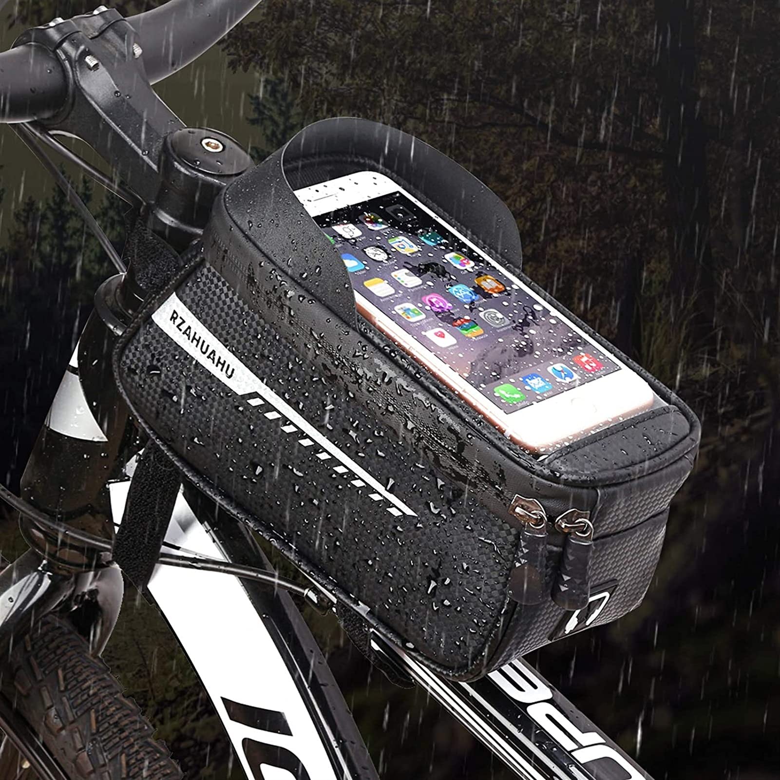Torba na przednią rączkę roweru, twarda skorupa, torba rowerowa, przednia belka, rower górski, telefon komórkowy, ekran dotykowy, sprzęt jeździecki