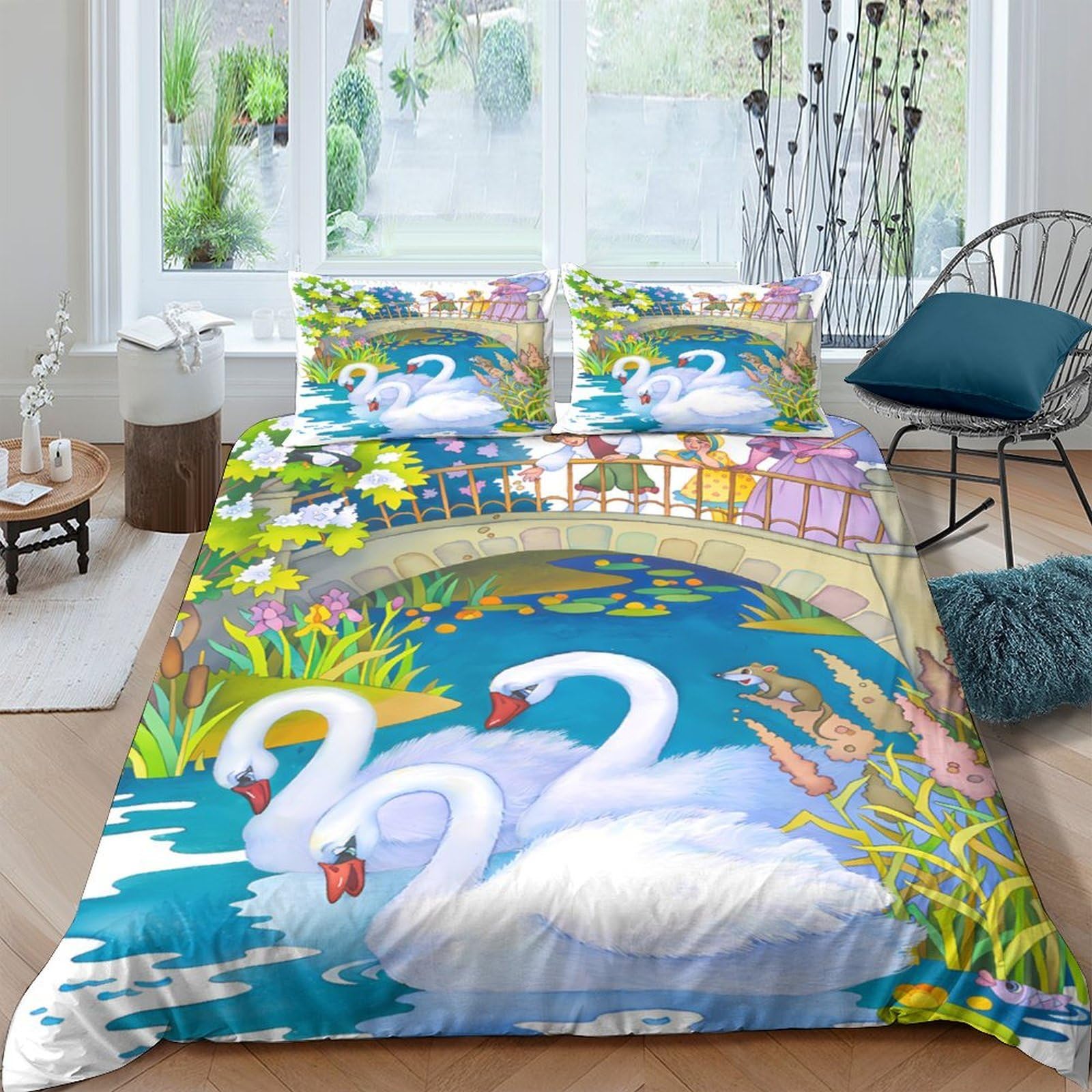 GPLZQXKJNH 3D Printed Swan Lake Duvet Cover Microfiber Soft Breathable Bridge Pond Bedding Set with 2 Pillowcases for Bedroom Decor Single（135x200cm）