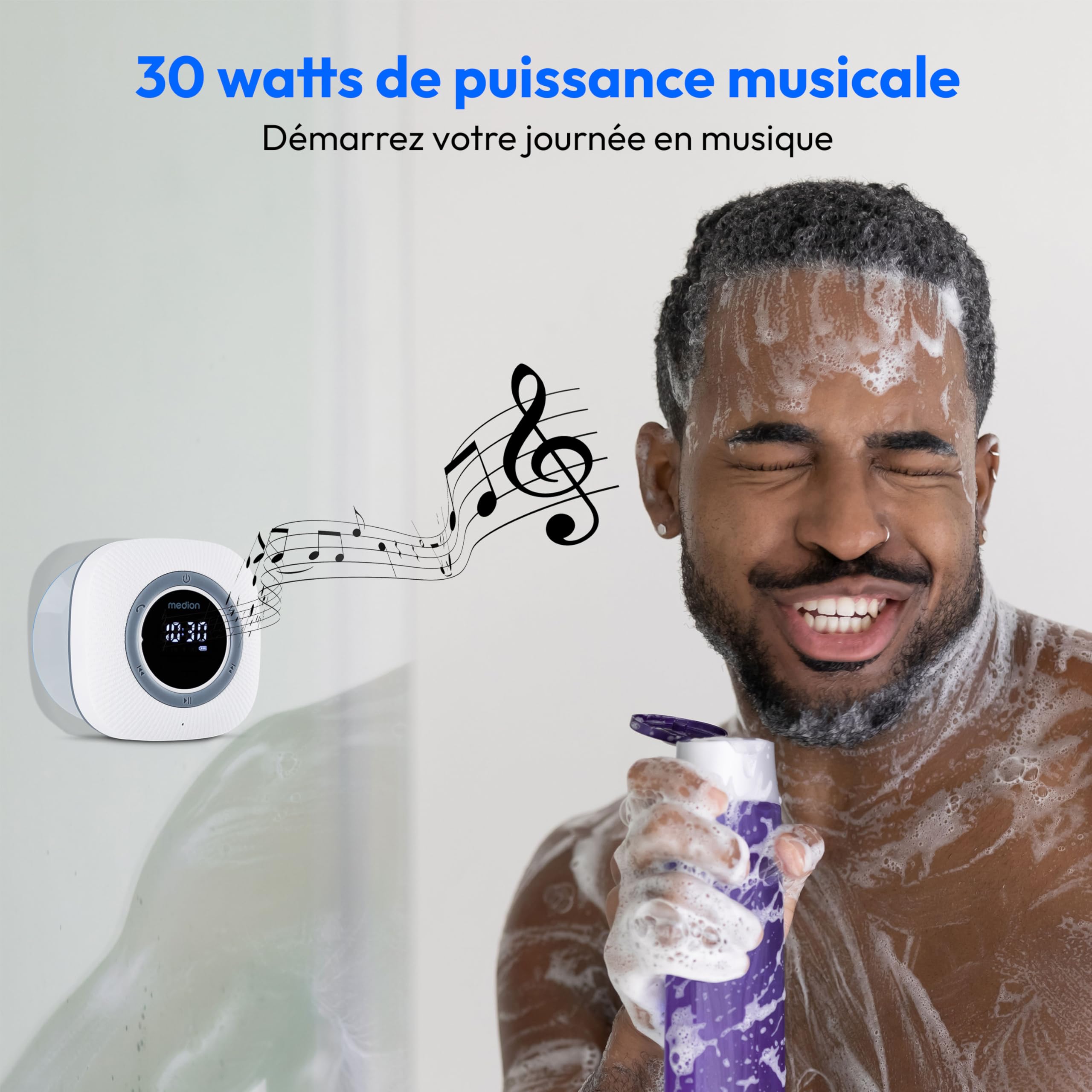 MEDION S66884 Radio de Douche avec Bluetooth (Radio de Salle de Bain, Radio FM, Ventouse, écran LED, IPX6 étanche, Batterie intégrée, MD43884) Blanc