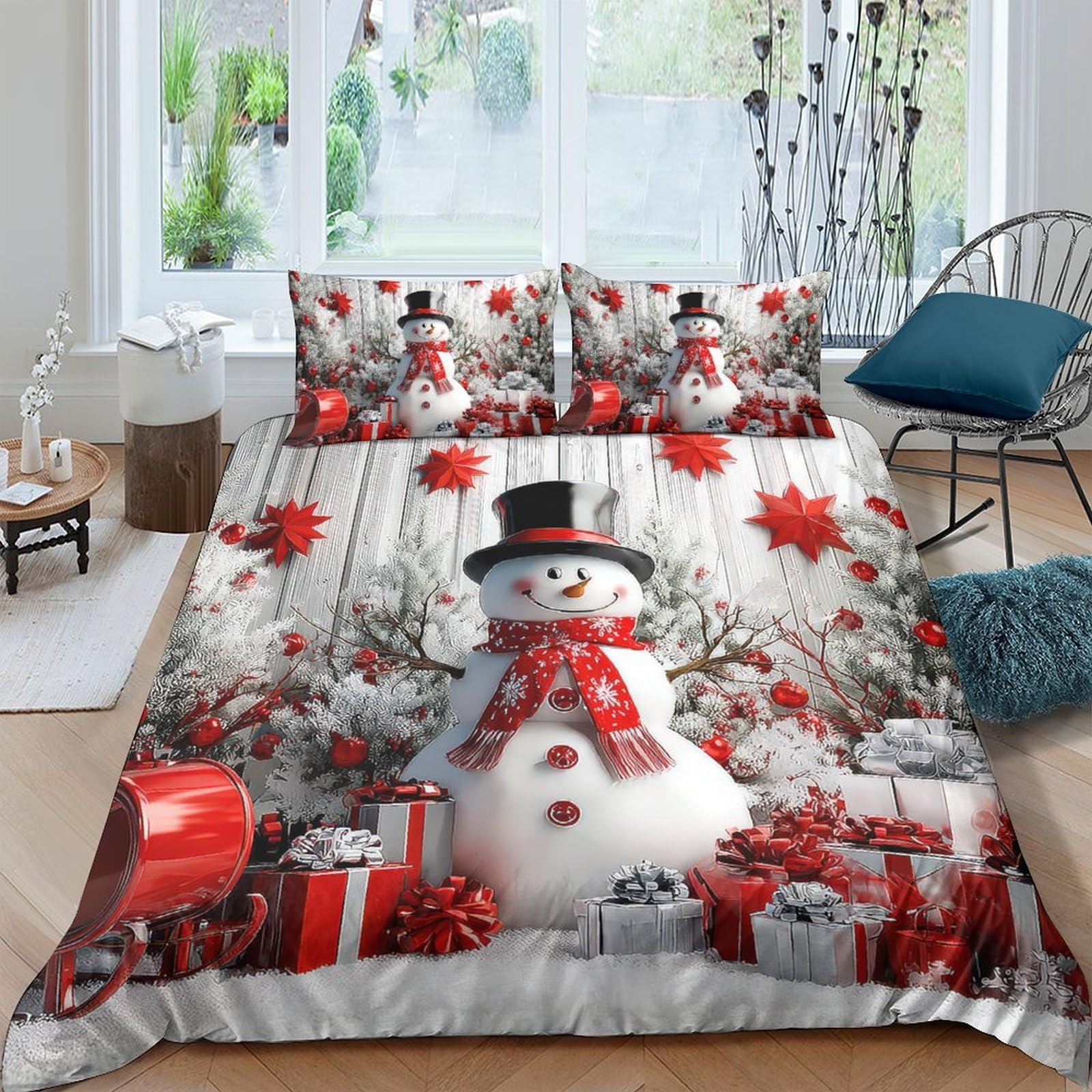 P5V6M1Q9 3D Printed Snowman Christmas Duvet Cover Set Microfiber Red Grey Bedding with 2 Pillowcases for Bedroom Decor Single（135x200cm）