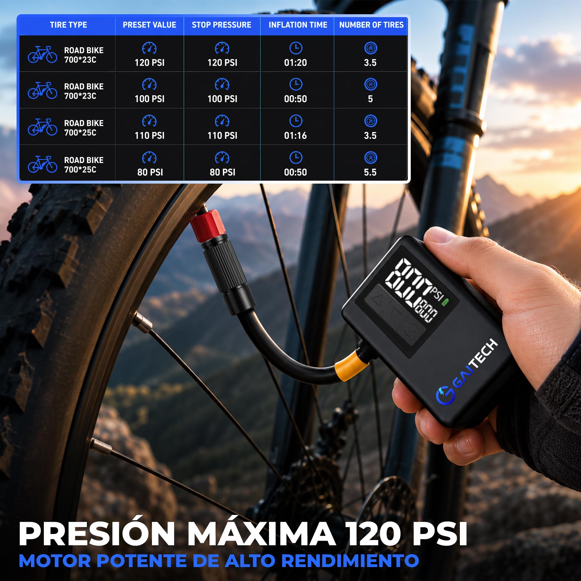 Inflador Eléctrico Bicicleta 120 PSI, Bomba de Bicicleta Portátil Recargable con Luz LED y Pantalla Digital, Hinchador Eléctrico Compacto Compatible Presta y Schrader, Inflado Rápido MTB y Carretera