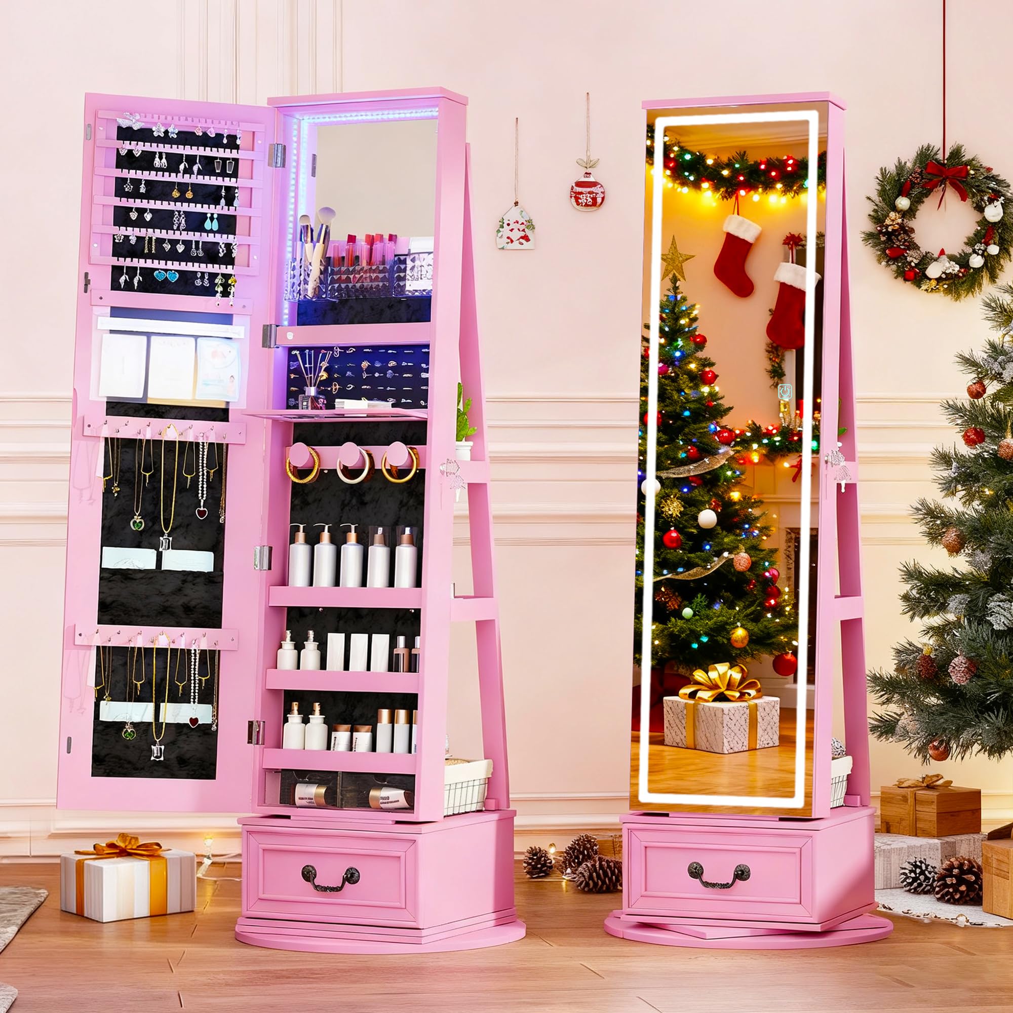 LVSOMT LED Mirror Jewelry Cabinet Standing 360 Swivel Jewelry Armoire with Full Length Mirror Mirror with Jewelry Storage