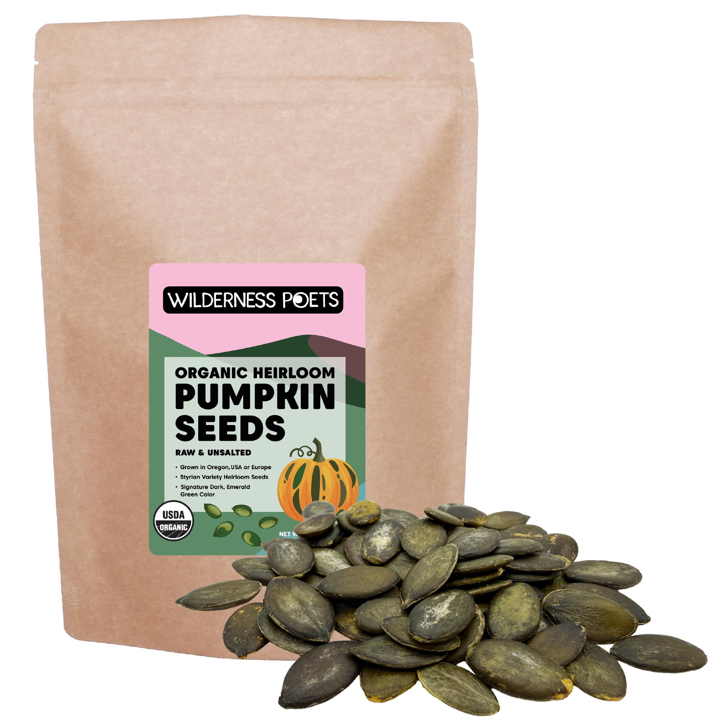 Wilderness Poets, Organic Heirloom Pumpkin Seeds - Styrian Variety, No Shells, Naturally Hulless. Unsalted, Bulk Size, Grown in Oregon, USA or Europe