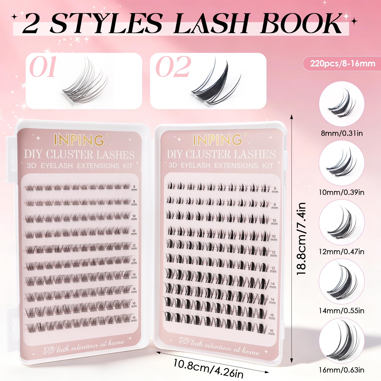 INPING zestaw do przedłużania rzęs, 2 style Naturalne Cluster Lashes na przezroczystym taśmie, zestaw Fairy Wispy Manga Lashes Extension z pincetą Lash Bond and Seal do przedłużania rzęs w domu DIY, 8