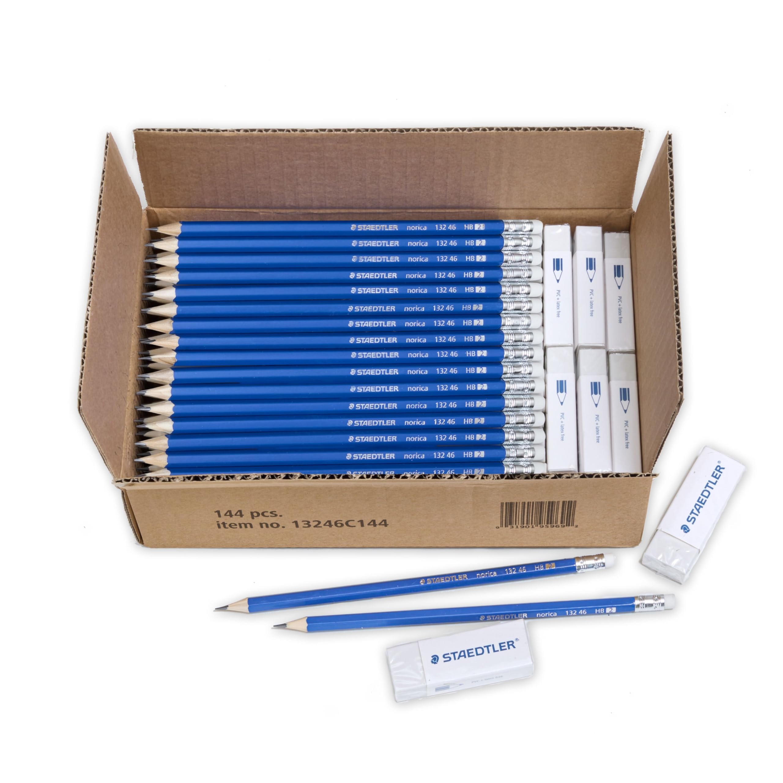 STAEDTLER Norica #2 - Paquete de lápices HB con gomas de borrar, juego de suministros escolares de 144 unidades, plomo resistente a la rotura, parte trasera a granel preafilada con borradores sin PVC