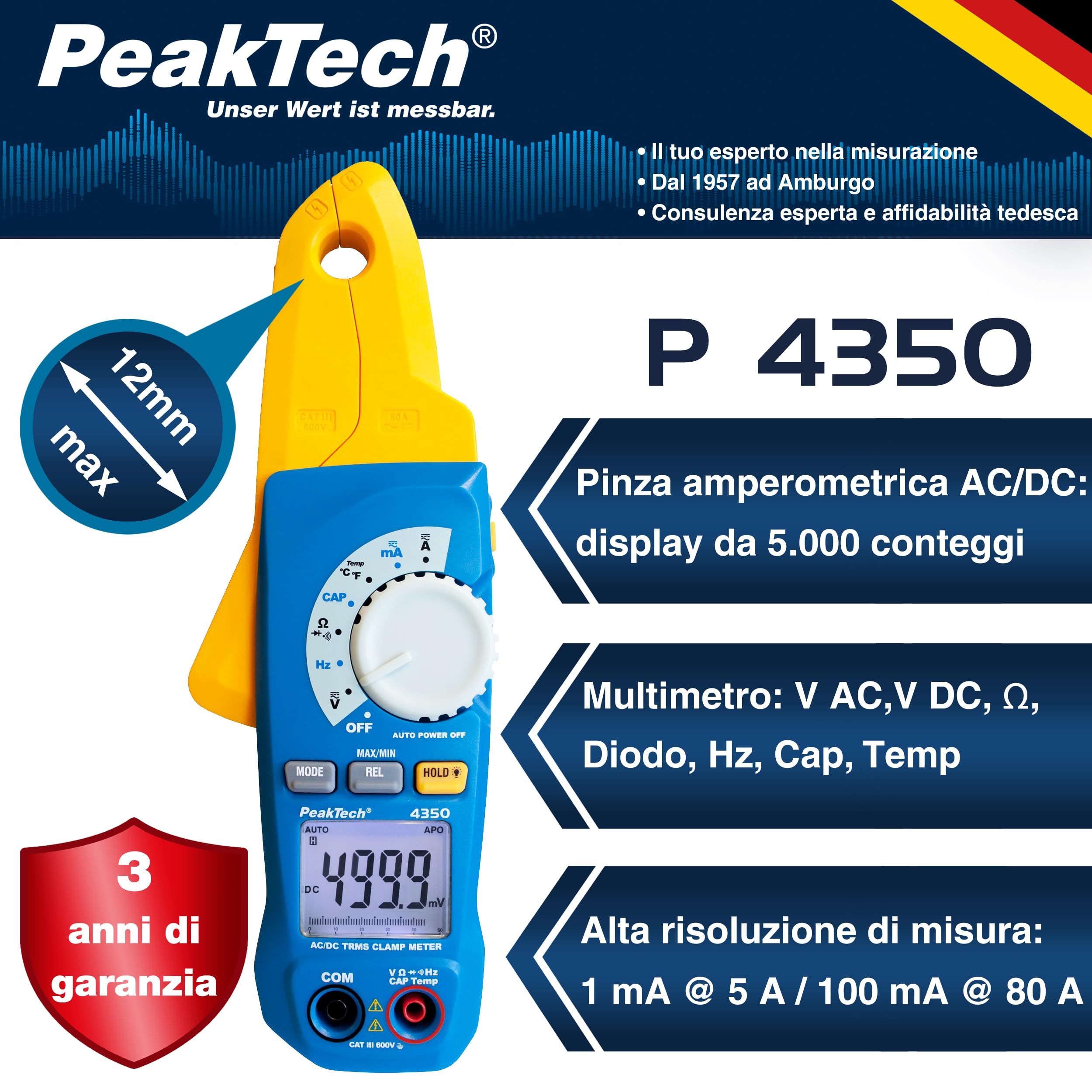 Peaktech P 4350 – Morsetto Ca/Cc 80A True Rms, Multimetro Digitale, Pinza Amperometrica, Autorange, 4000 Conteggi, Voltmetro senza Contatto, Amperometro, Tester di Continuità - Max 600 V